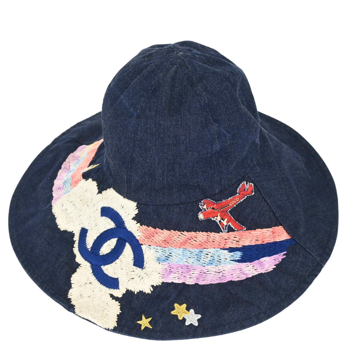 Chanel Indigo Denim Night Flight Embroidery Hat #M Small Good