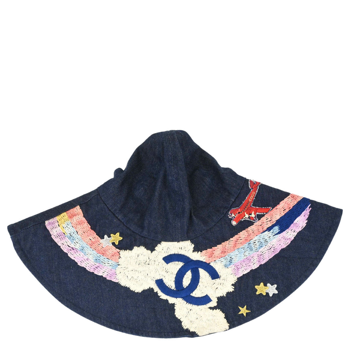 Chanel Indigo Denim Night Flight Embroidery Hat #M Small Good