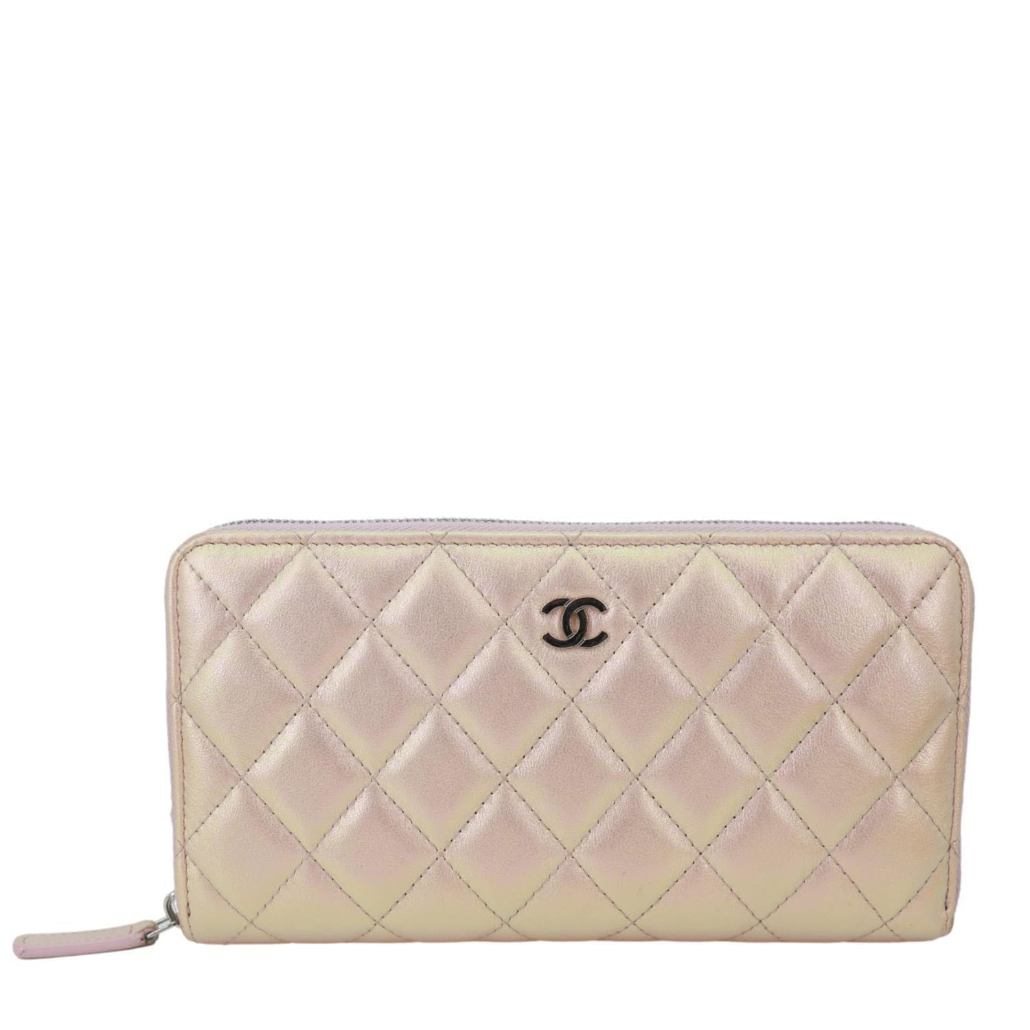 CHANEL Gusset Iridescent Leather Zip Around Wallet Pink