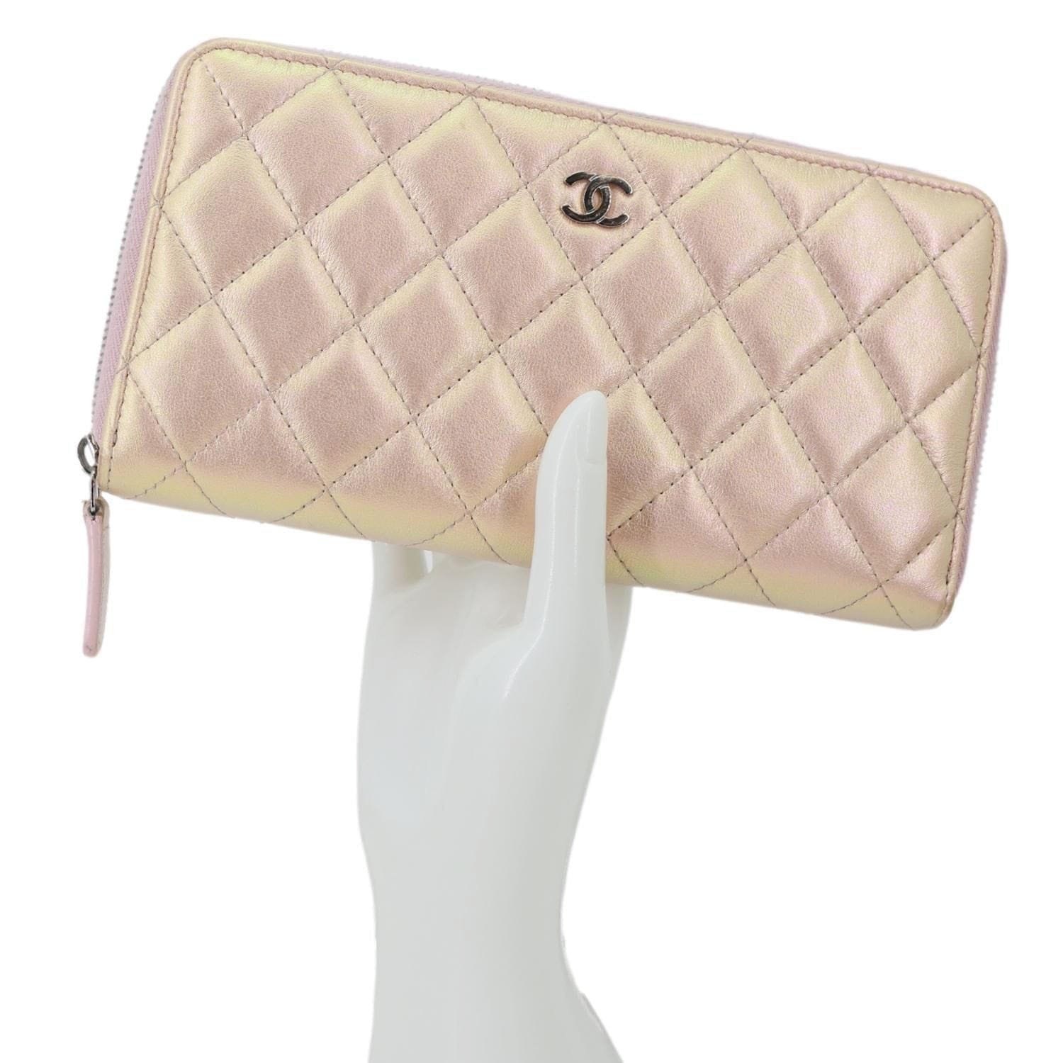 CHANEL Gusset Iridescent Leather Zip Around Wallet Pink