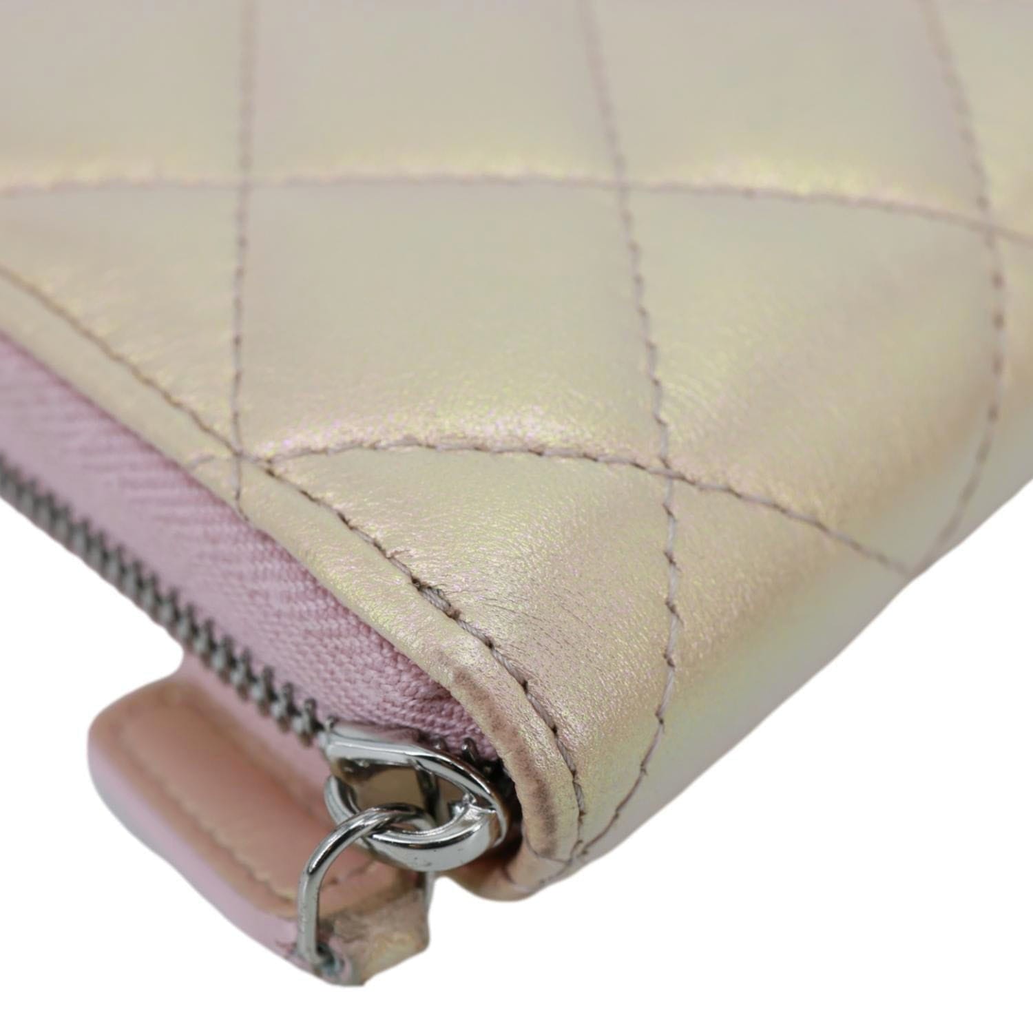 CHANEL Gusset Iridescent Leather Zip Around Wallet Pink