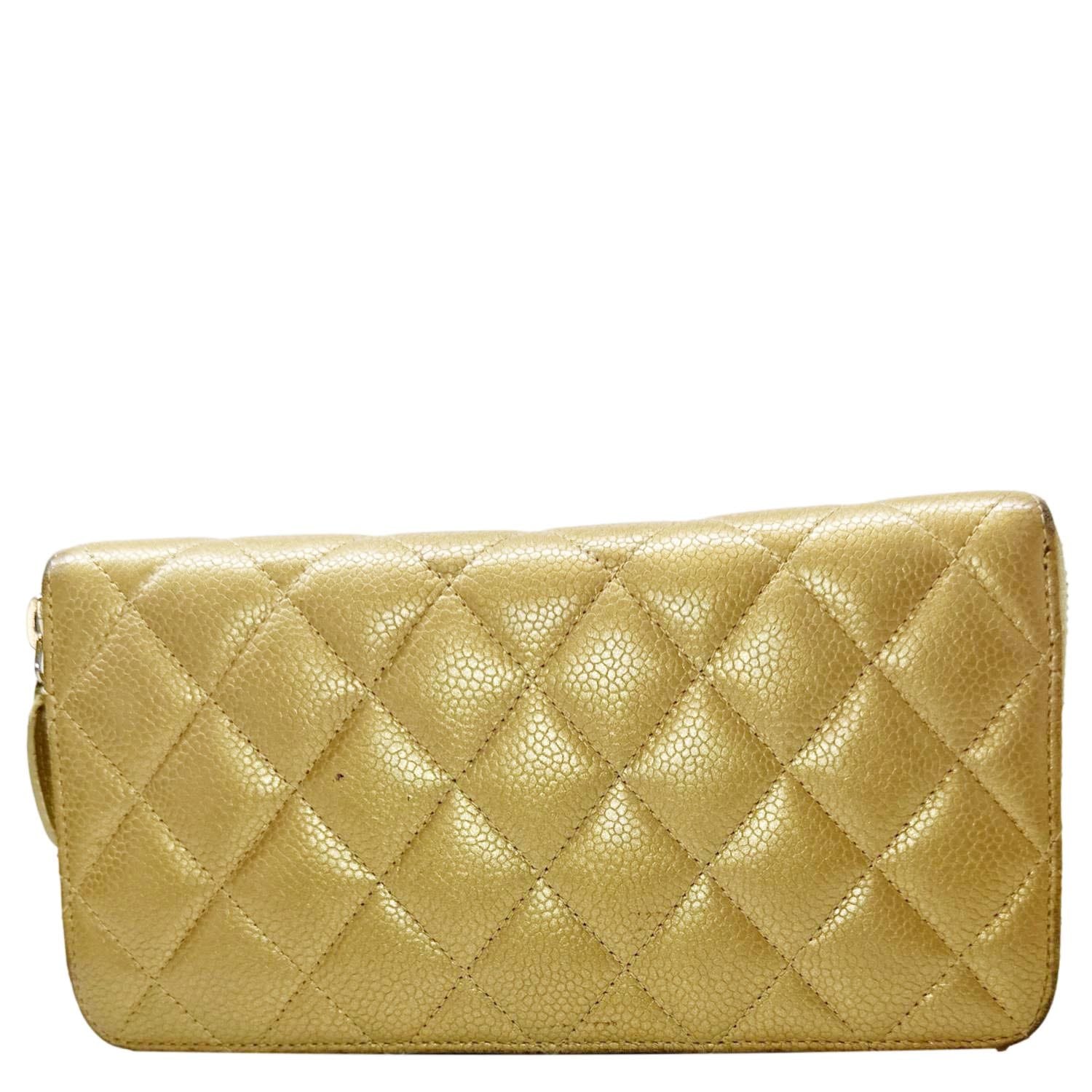 Chanel CC Quilted Leather Zip Around Wallet Metallic Gold