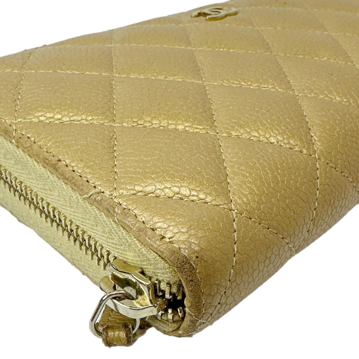 Chanel CC Quilted Leather Zip Around Wallet Metallic Gold