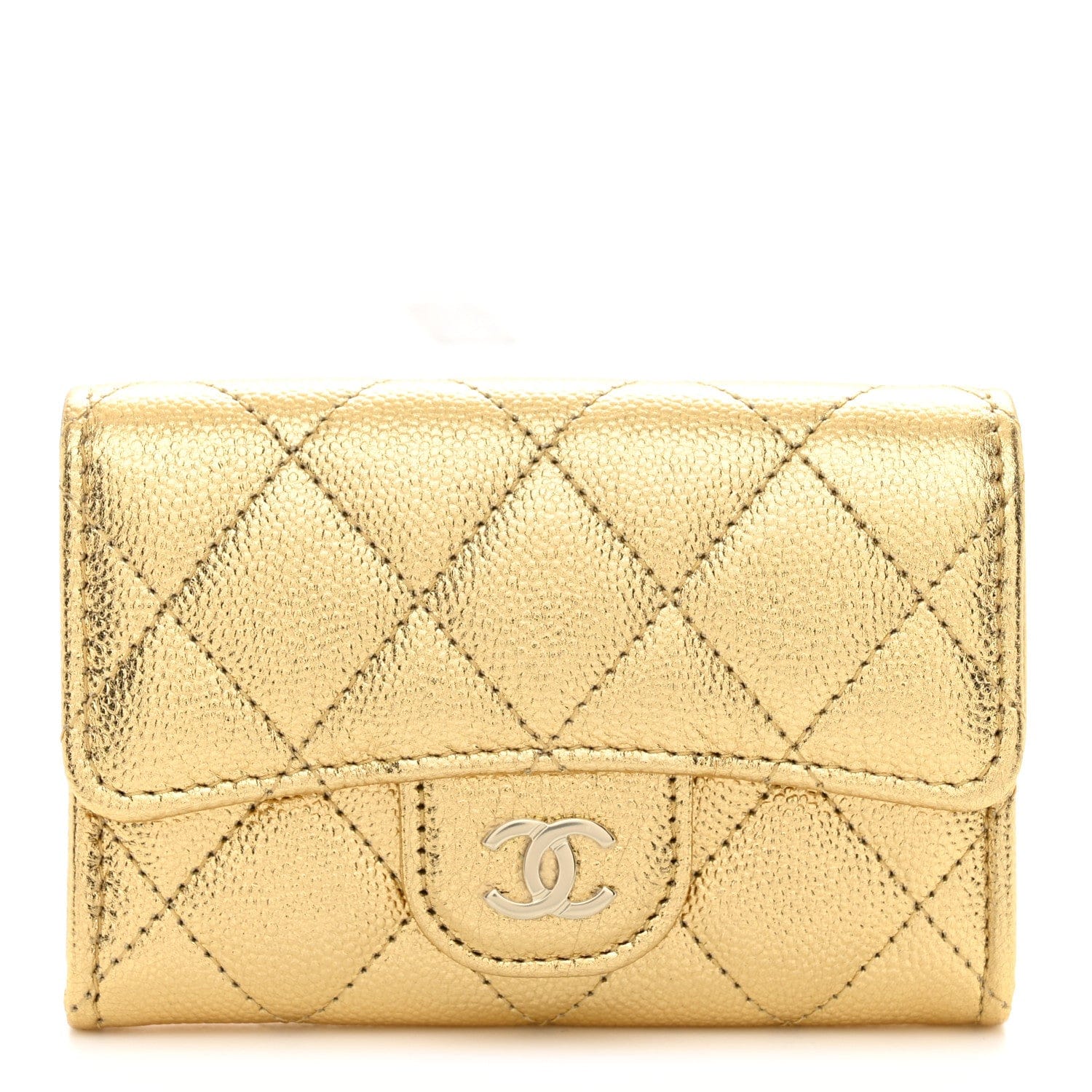 Chanel Metallic Caviar Quilted Flap Card Holder Wallet Gold