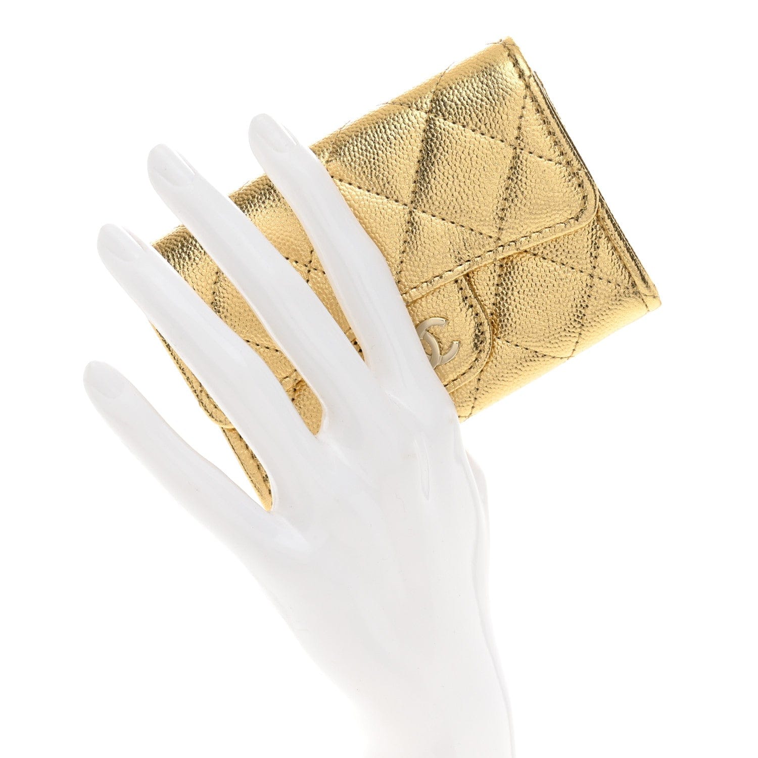 Chanel Metallic Caviar Quilted Flap Card Holder Wallet Gold