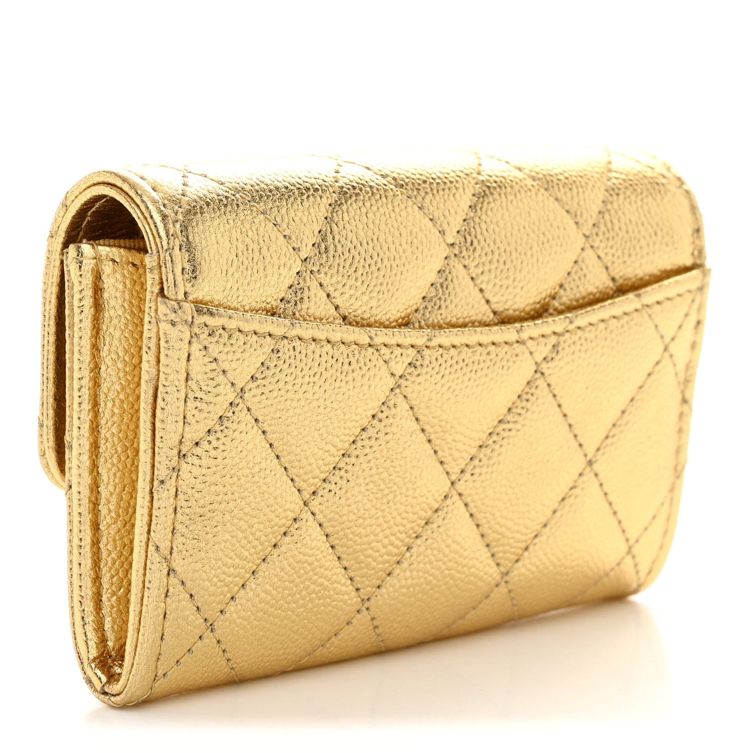 Chanel Metallic Caviar Quilted Flap Card Holder Wallet Gold