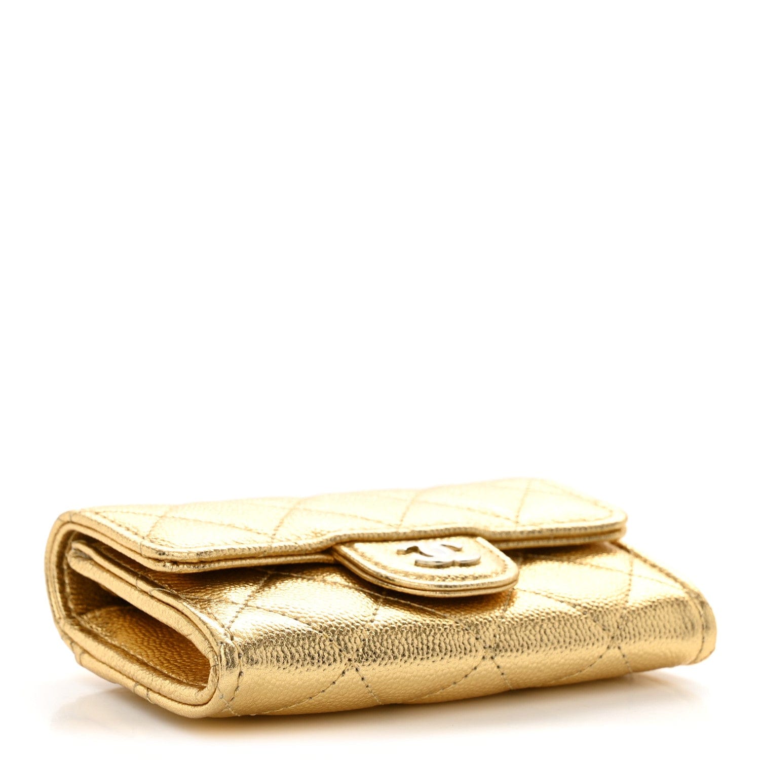 Chanel Metallic Caviar Quilted Flap Card Holder Wallet Gold