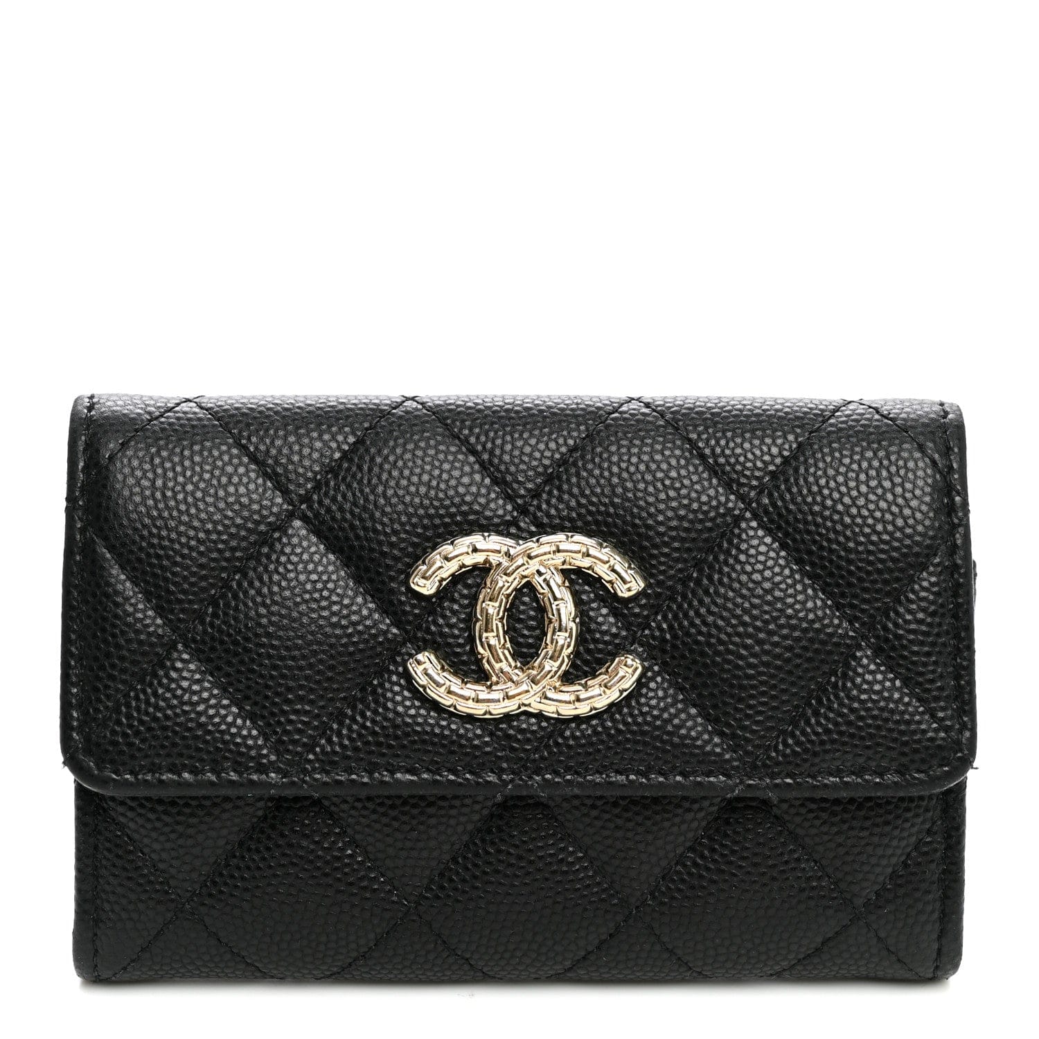 Chanel Caviar Quilted Textured CC Flap Card Holder Black
