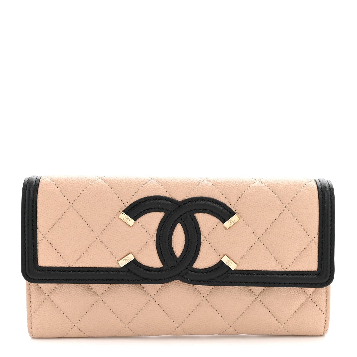 Chanel Caviar Quilted Filigree Large Gusset Flap Wallet Beige Black
