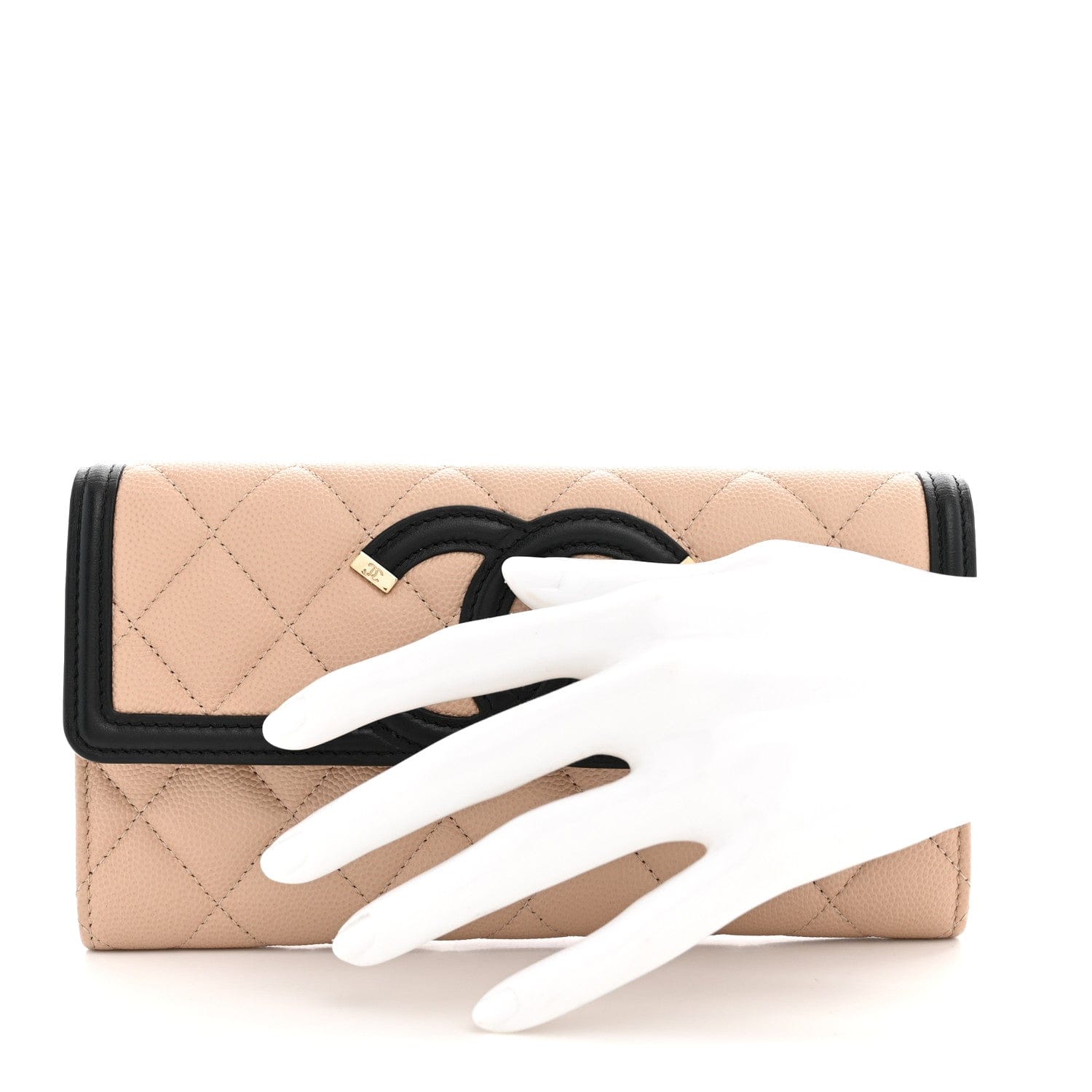 Chanel Caviar Quilted Filigree Large Gusset Flap Wallet Beige Black