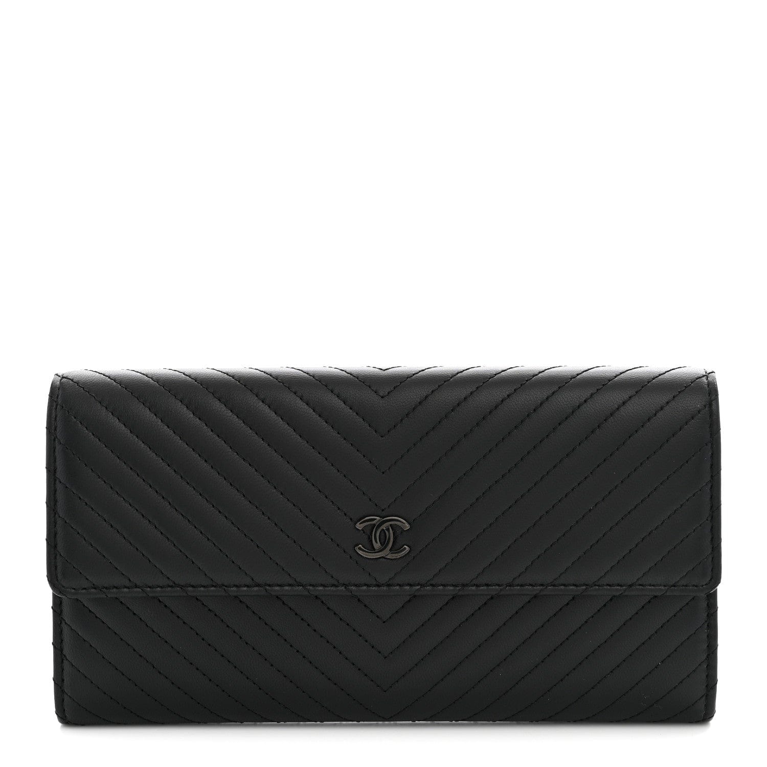 Chanel Lambskin Chevron Quilted Large Gusset Flap Wallet So Black