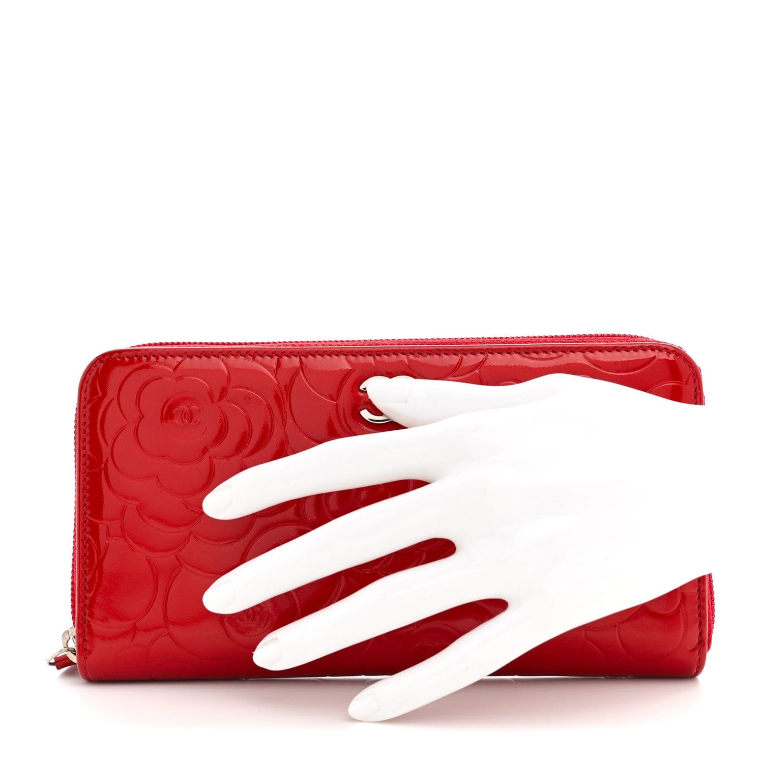 Chanel Patent Camellia Embossed Large Gusset Zip Around Wallet Red