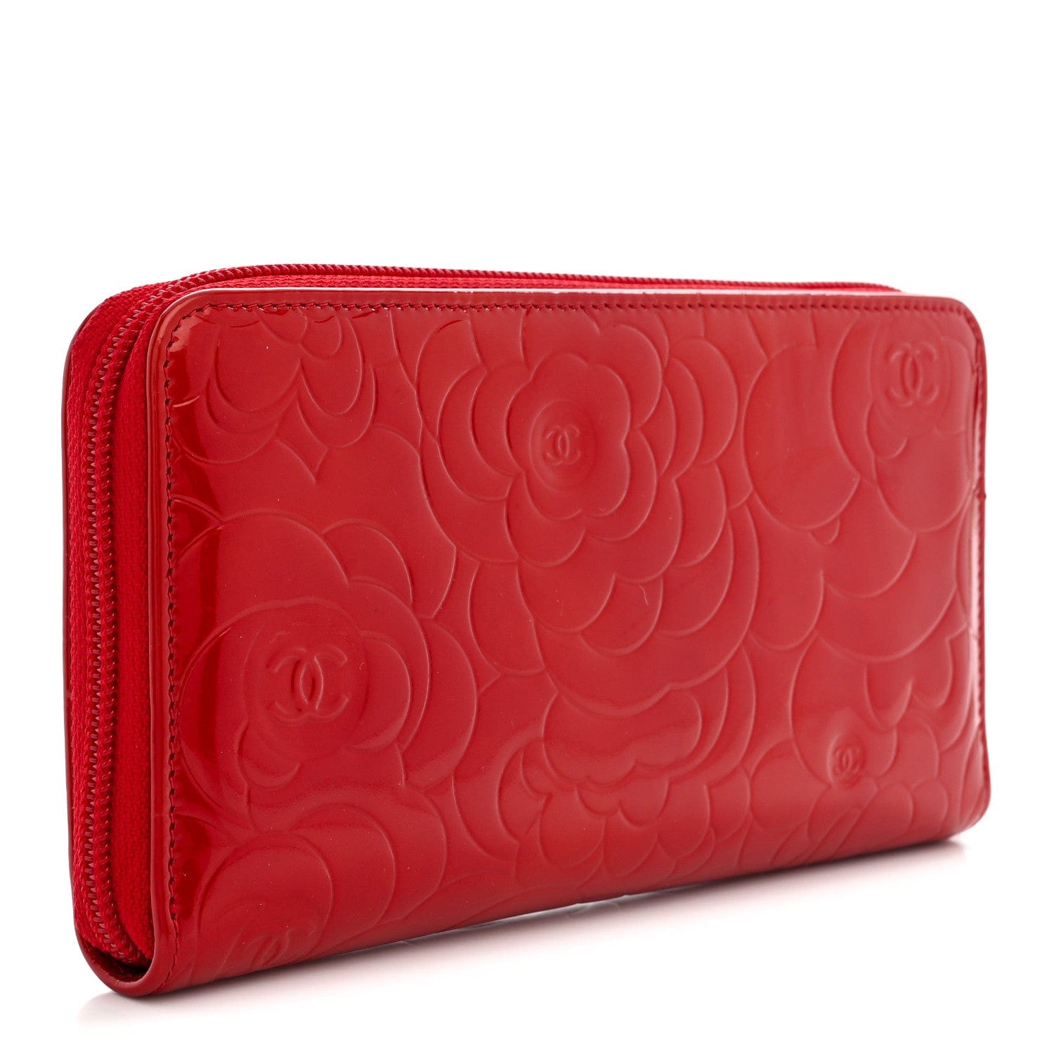 Chanel Patent Camellia Embossed Large Gusset Zip Around Wallet Red