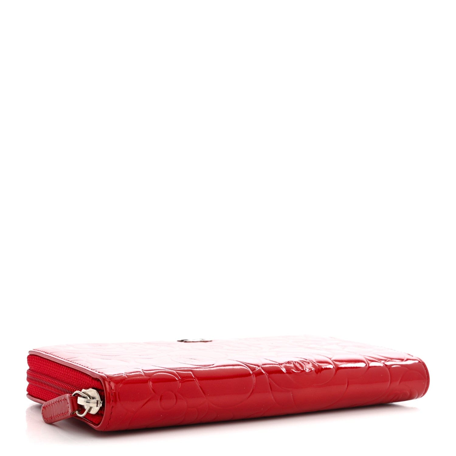 Chanel Patent Camellia Embossed Large Gusset Zip Around Wallet Red