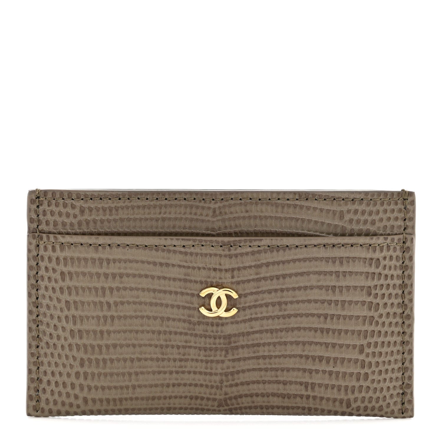 Chanel Calfskin Lizard Embossed Card Holder Gold Dark Khaki