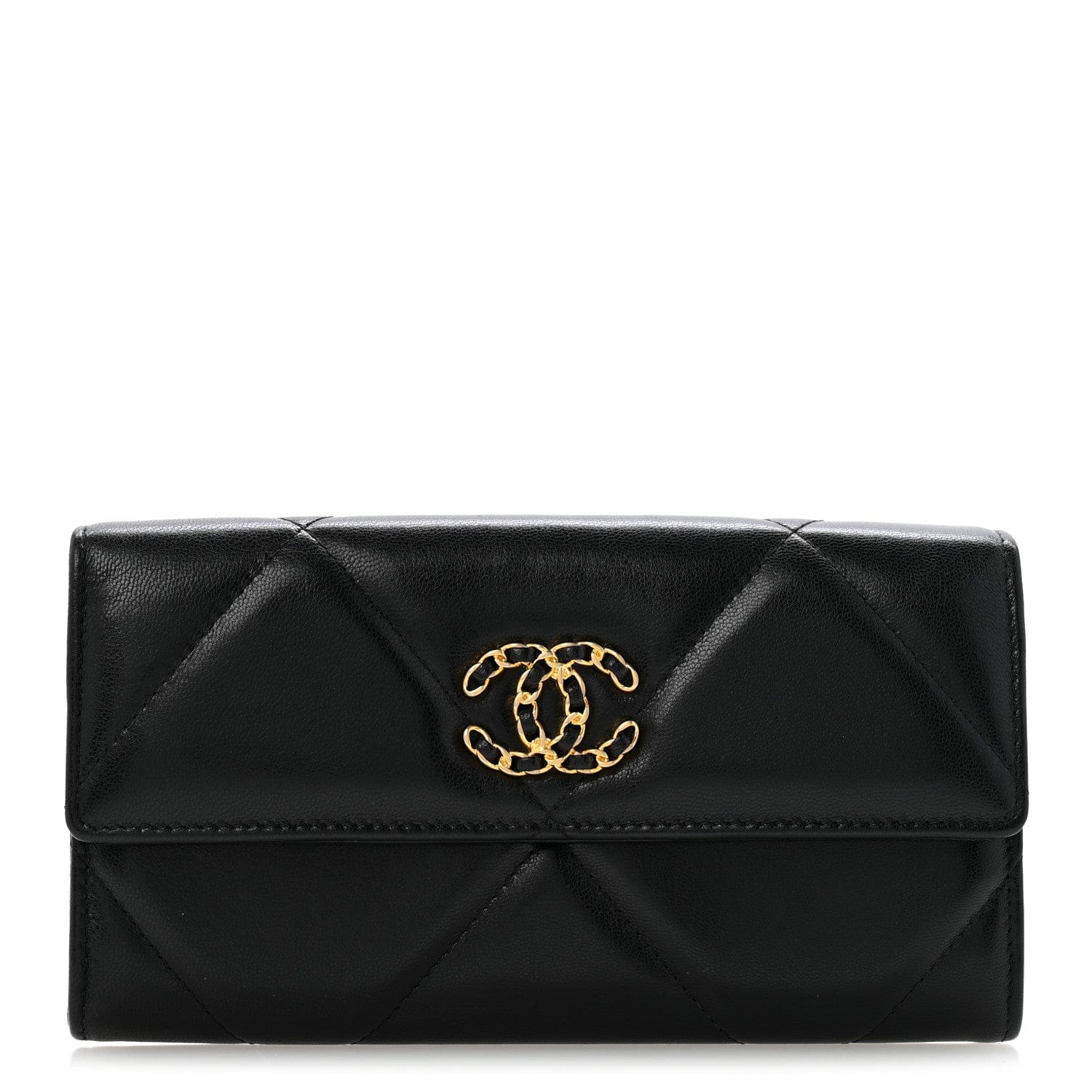 Chanel Shiny Goatskin Quilted Chanel 19 Flap Wallet Black