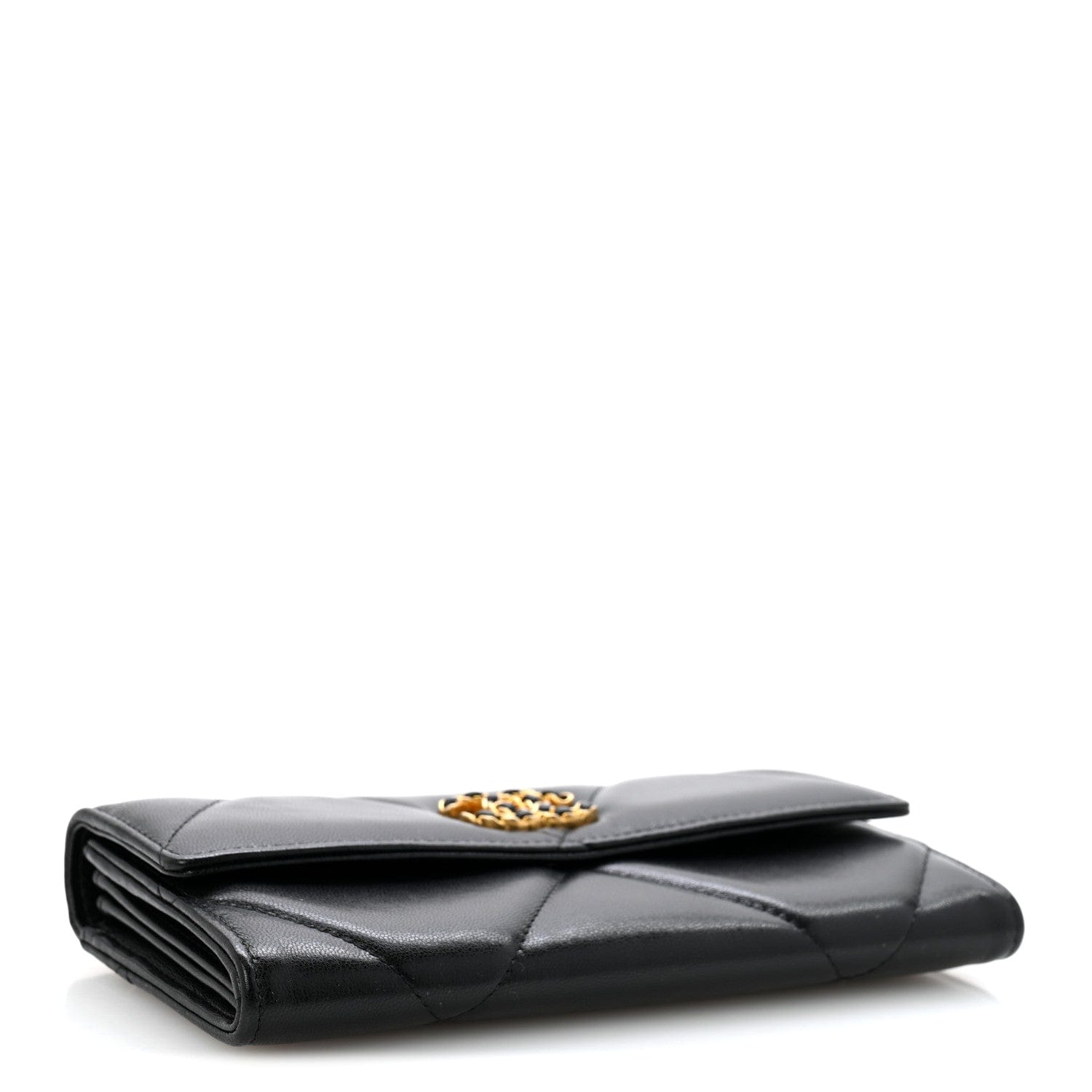 Chanel Shiny Goatskin Quilted Chanel 19 Flap Wallet Black