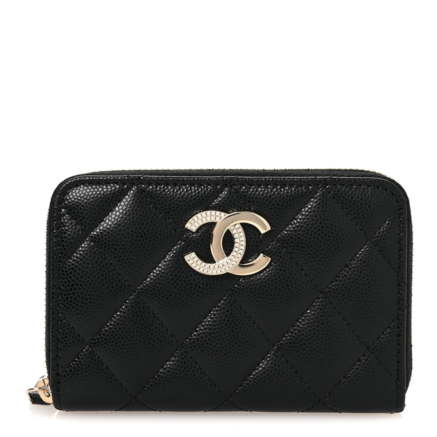 Chanel Caviar Quilted Crystal Zip Around Coin Purse Wallet Black