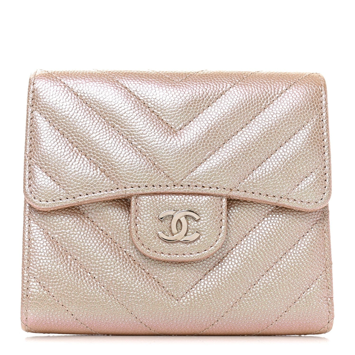 Chanel Metallic Caviar Chevron Quilted Compact Flap Wallet Light Gold