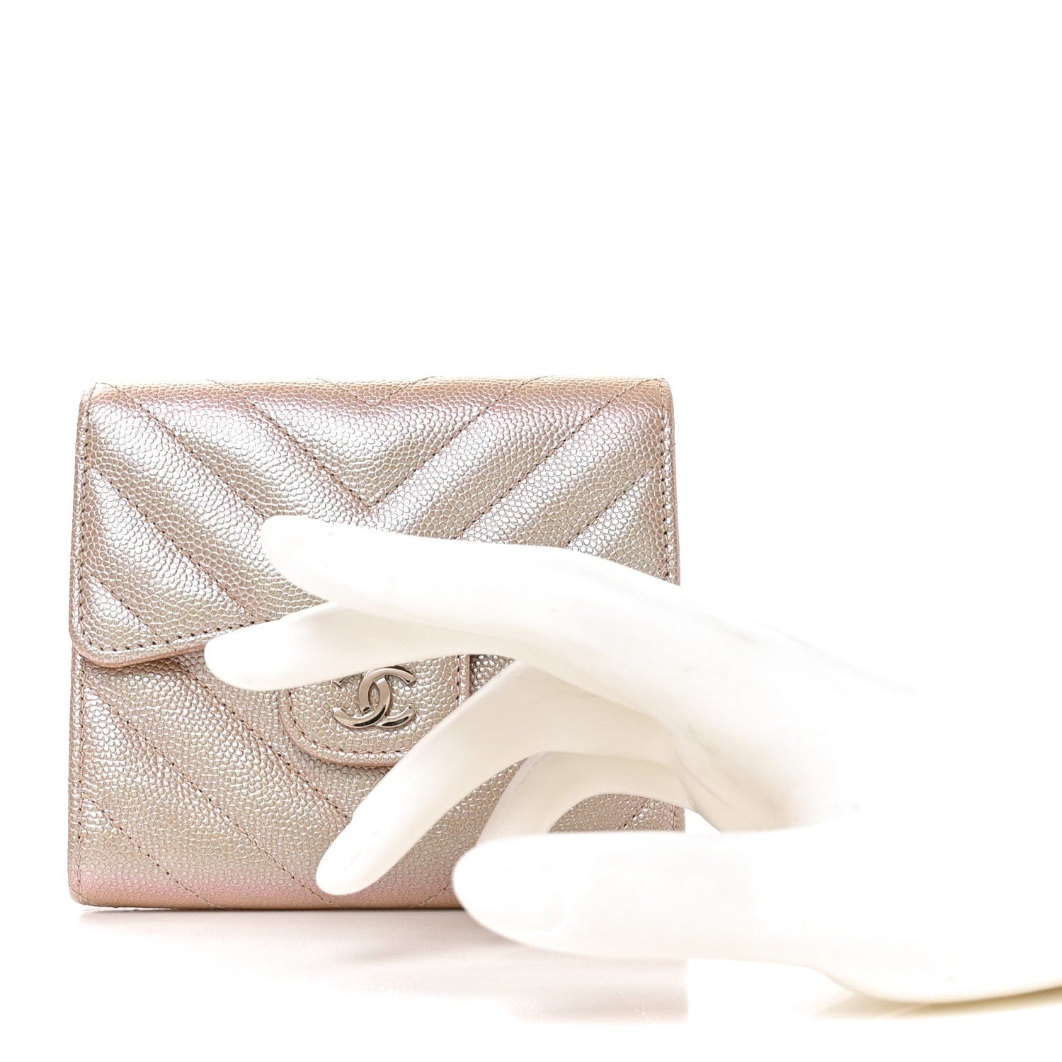 Chanel Metallic Caviar Chevron Quilted Compact Flap Wallet Light Gold