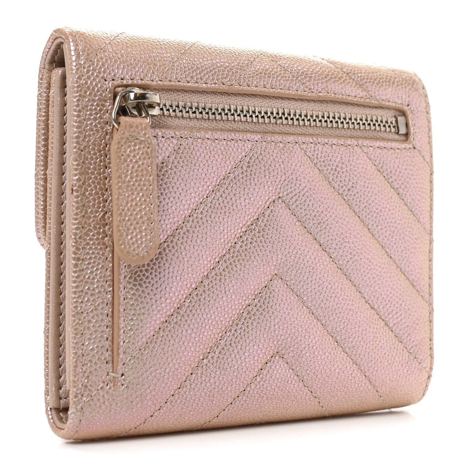 Chanel Metallic Caviar Chevron Quilted Compact Flap Wallet Light Gold