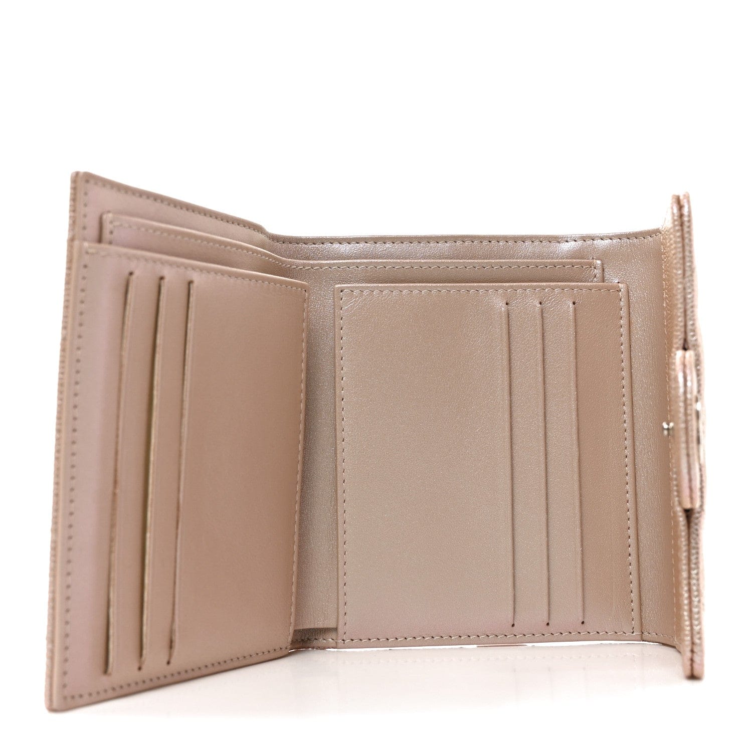 Chanel Metallic Caviar Chevron Quilted Compact Flap Wallet Light Gold