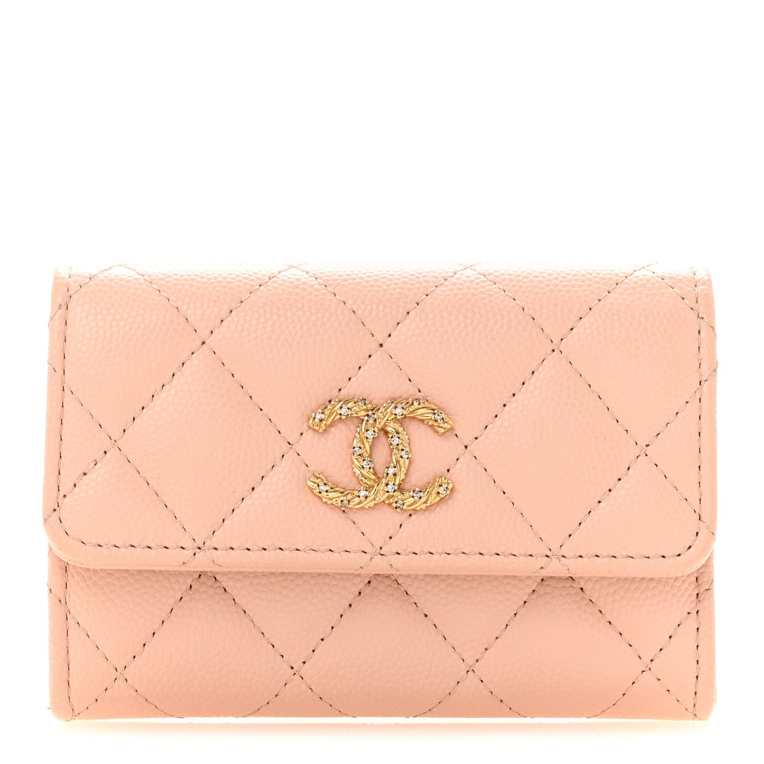 Chanel Caviar Quilted Crystal CC Flap Card Holder Pink