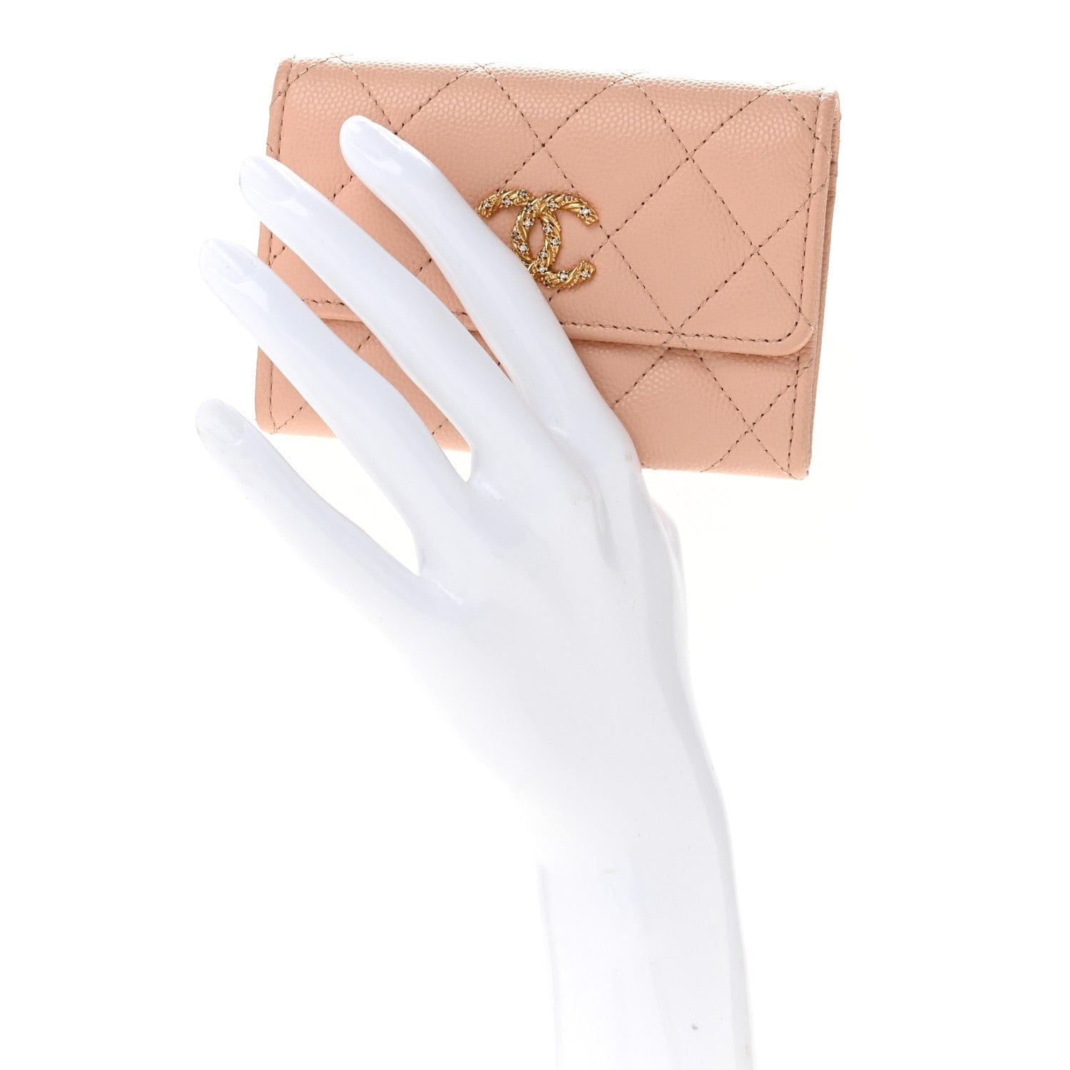 Chanel Caviar Quilted Crystal CC Flap Card Holder Pink