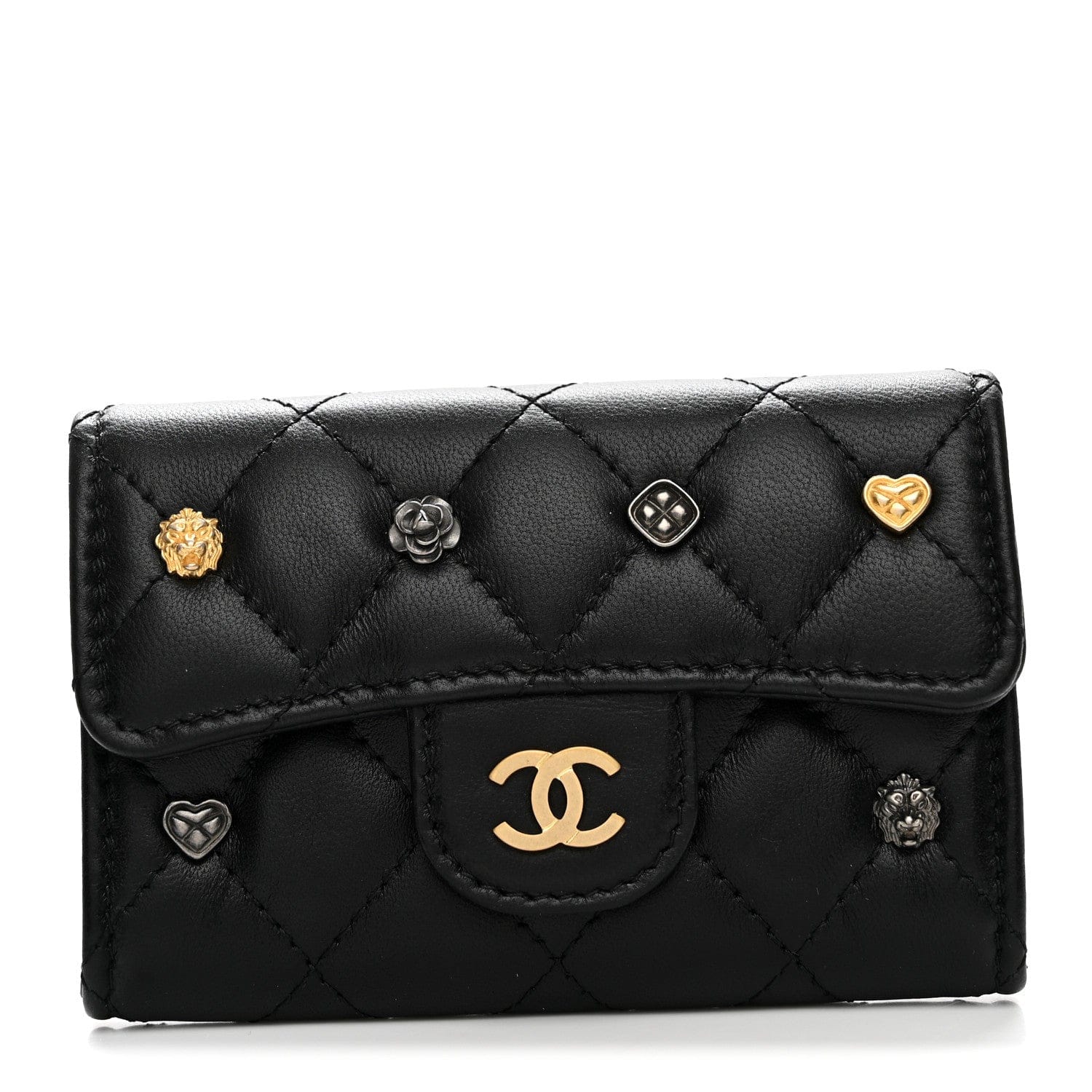 Chanel Lambskin Quilted Lucky Charms Flap Card Holder Wallet Black