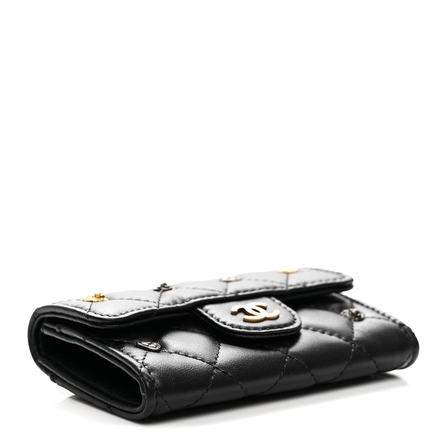 Chanel Lambskin Quilted Lucky Charms Flap Card Holder Wallet Black