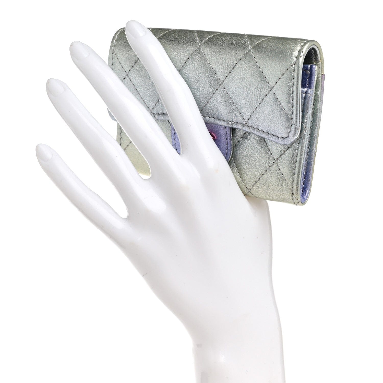 Chanel Gradient Metallic Calfskin Quilted Flap Card Holder Wallet Silver Blue Yellow Purple