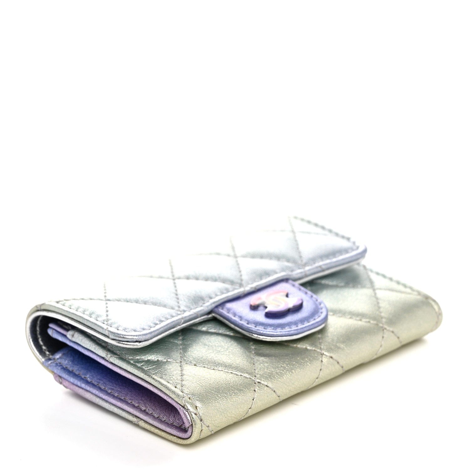 Chanel Gradient Metallic Calfskin Quilted Flap Card Holder Wallet Silver Blue Yellow Purple