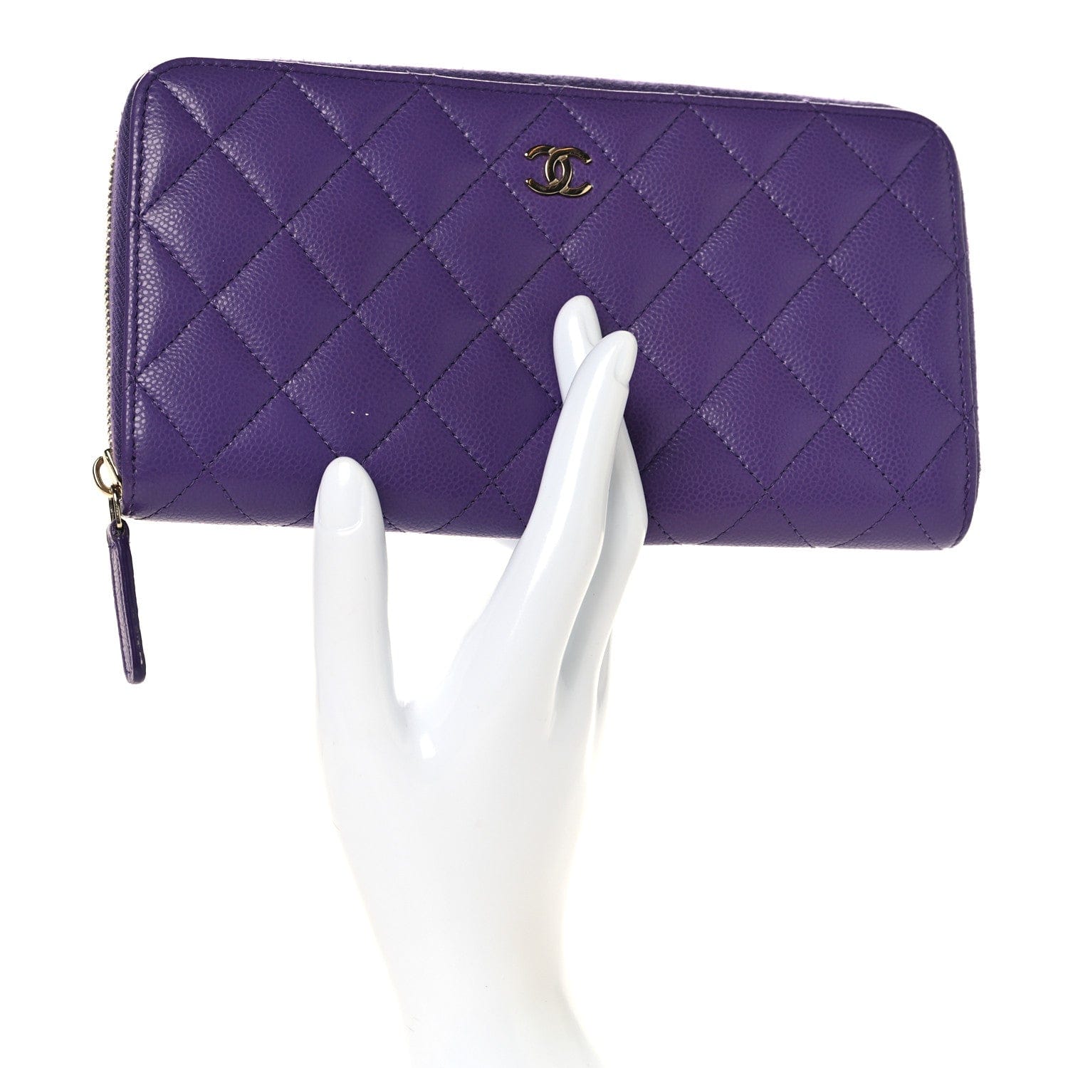 Chanel Caviar Quilted Large Gusset Zip Around Wallet Purple