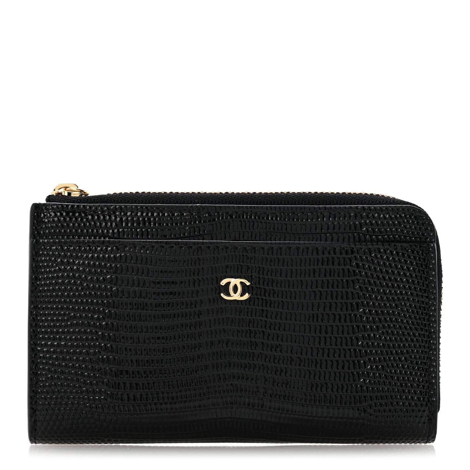 Chanel Calfskin Lizard Embossed Zipped Card Holder Black