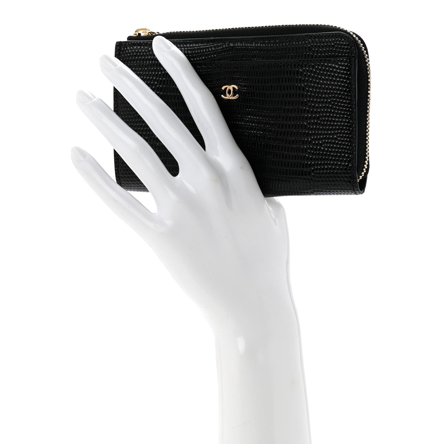 Chanel Calfskin Lizard Embossed Zipped Card Holder Black