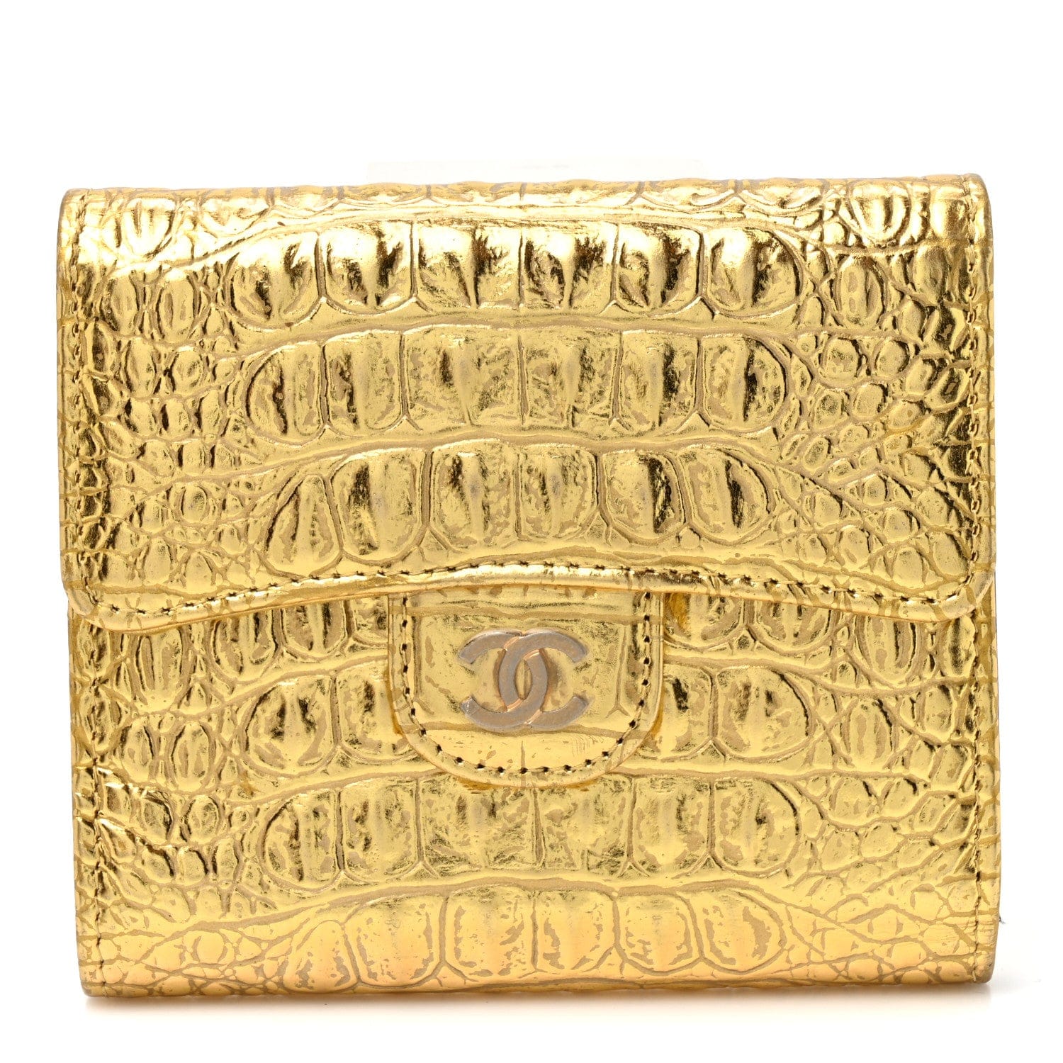 Chanel Metallic Calfskin Crocodile Embossed Cocodile Compact Flap Wallet Gold