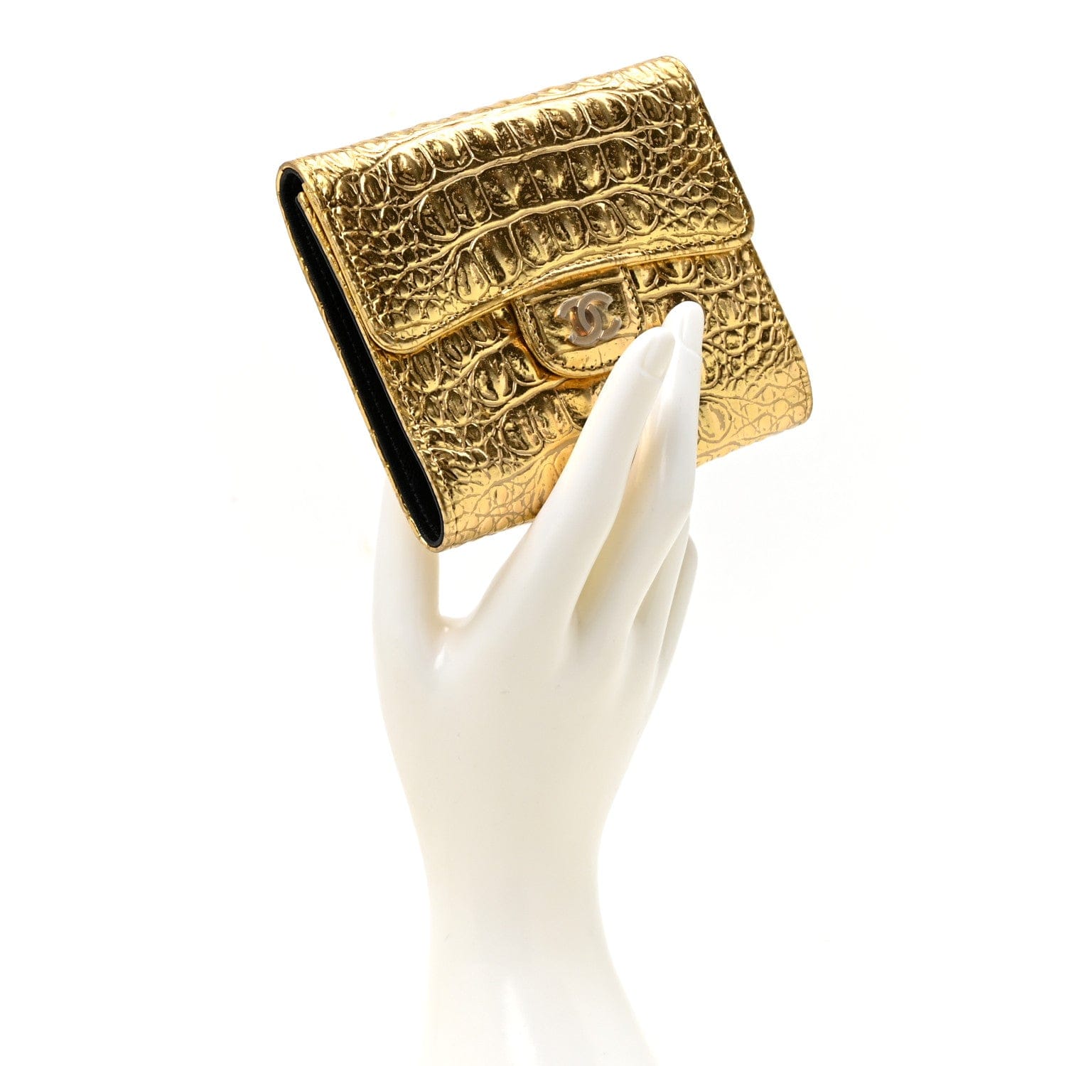 Chanel Metallic Calfskin Crocodile Embossed Cocodile Compact Flap Wallet Gold