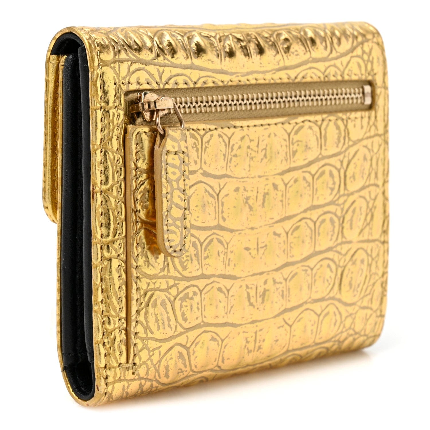 Chanel Metallic Calfskin Crocodile Embossed Cocodile Compact Flap Wallet Gold