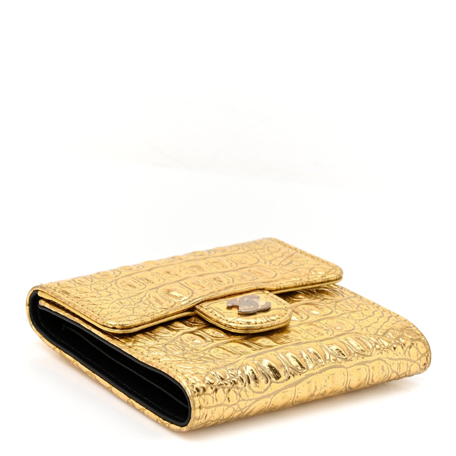 Chanel Metallic Calfskin Crocodile Embossed Cocodile Compact Flap Wallet Gold