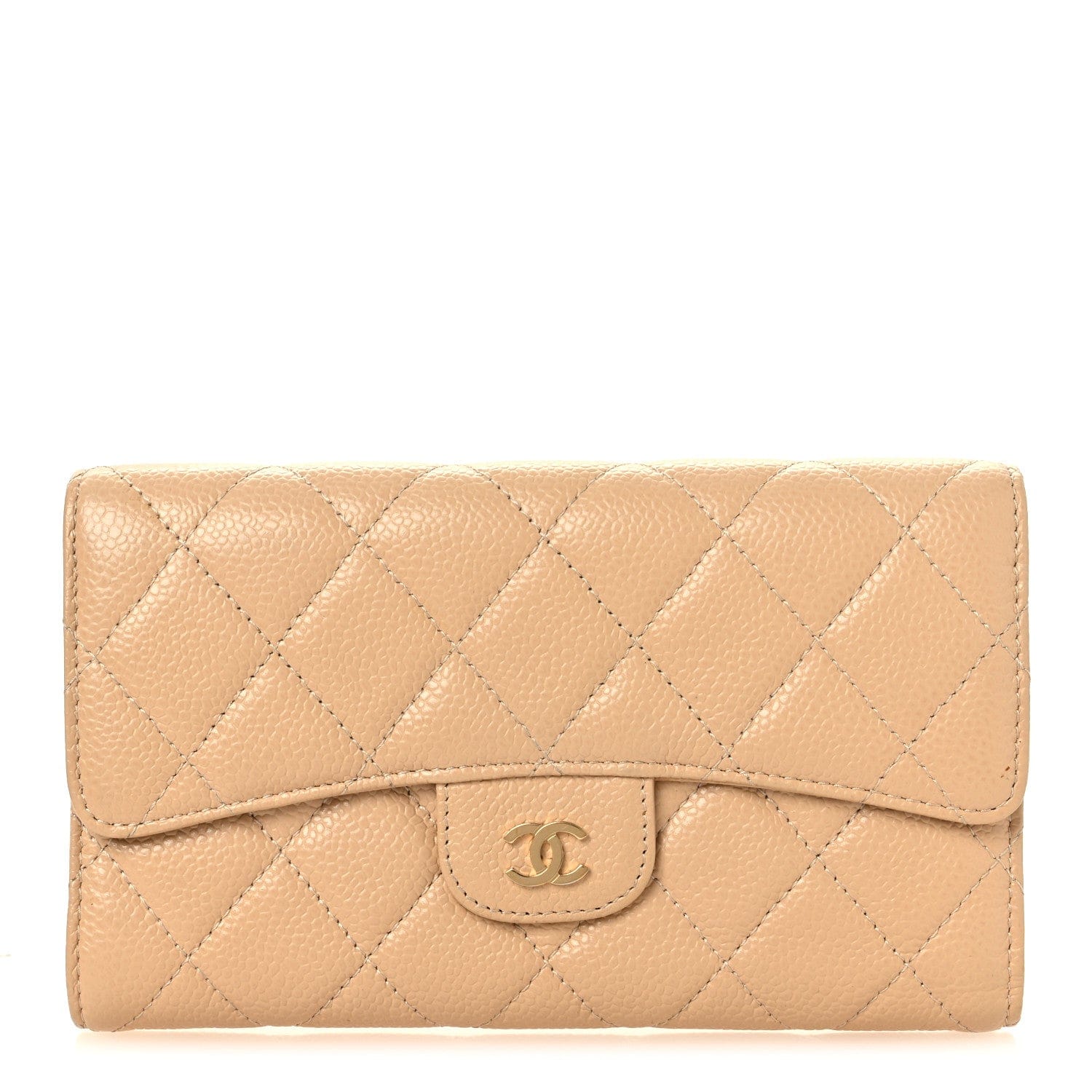 Chanel Caviar Quilted Large Gusset Flap Wallet Beige