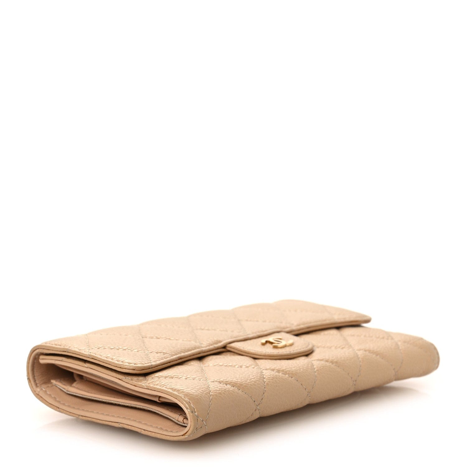 Chanel Caviar Quilted Large Gusset Flap Wallet Beige