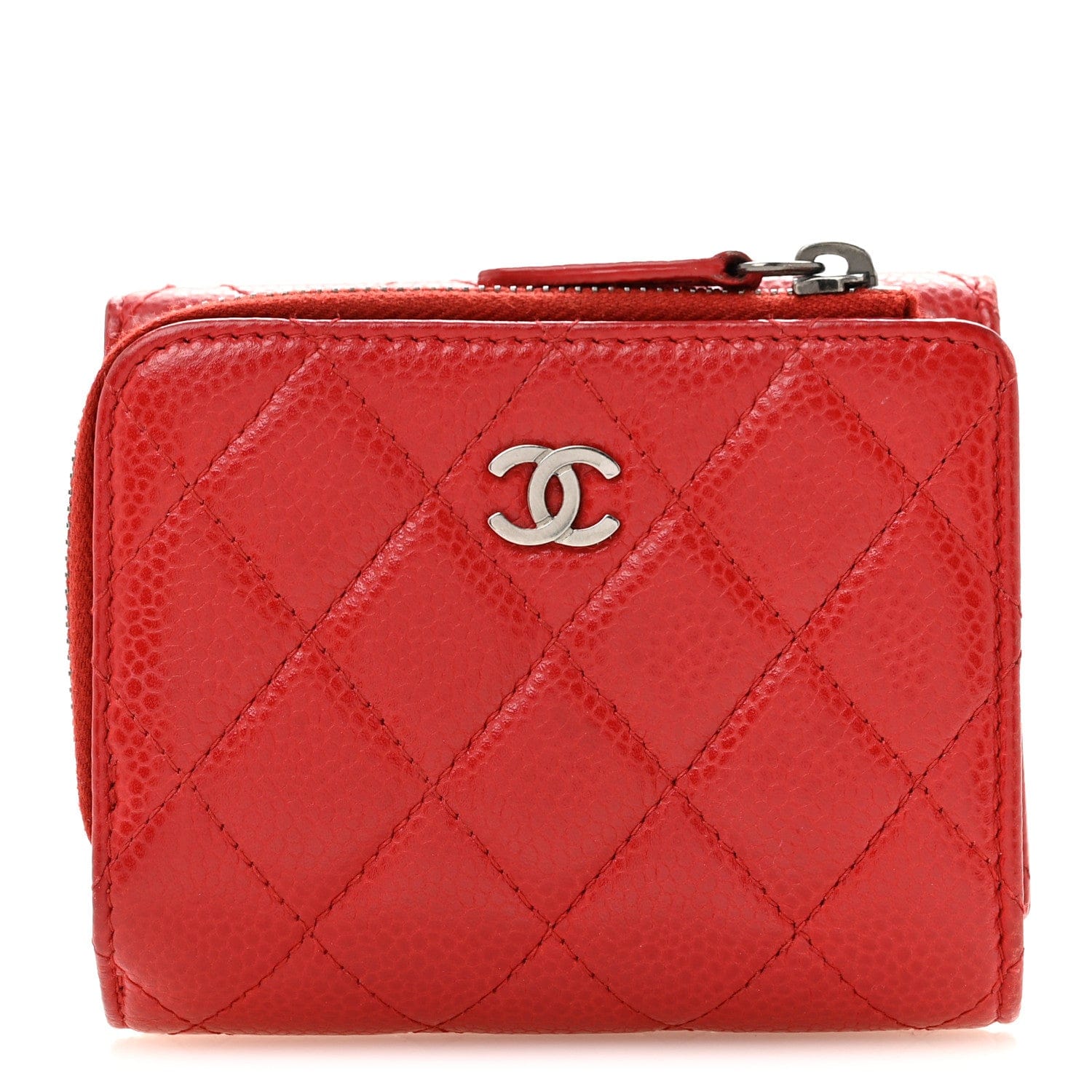 Chanel Caviar Quilted CC Zip Tri - Fold Wallet Red