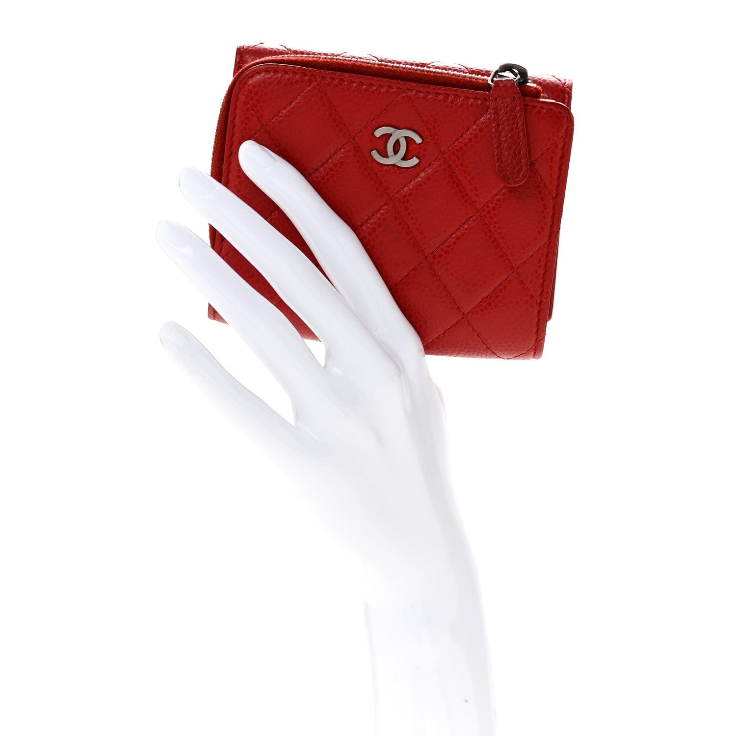 Chanel Caviar Quilted CC Zip Tri - Fold Wallet Red