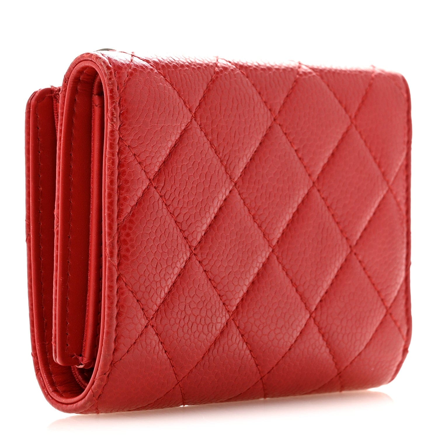 Chanel Caviar Quilted CC Zip Tri - Fold Wallet Red