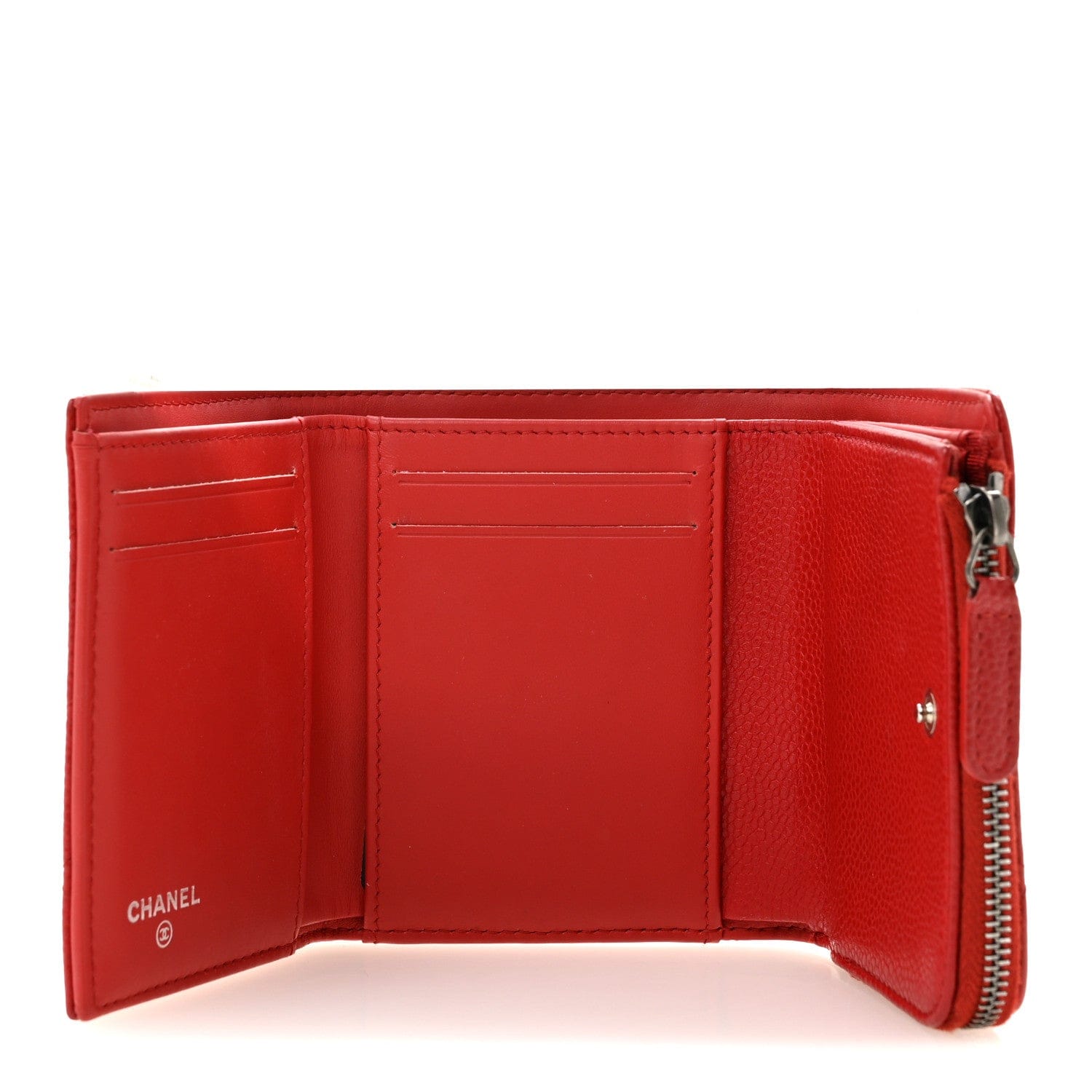 Chanel Caviar Quilted CC Zip Tri - Fold Wallet Red