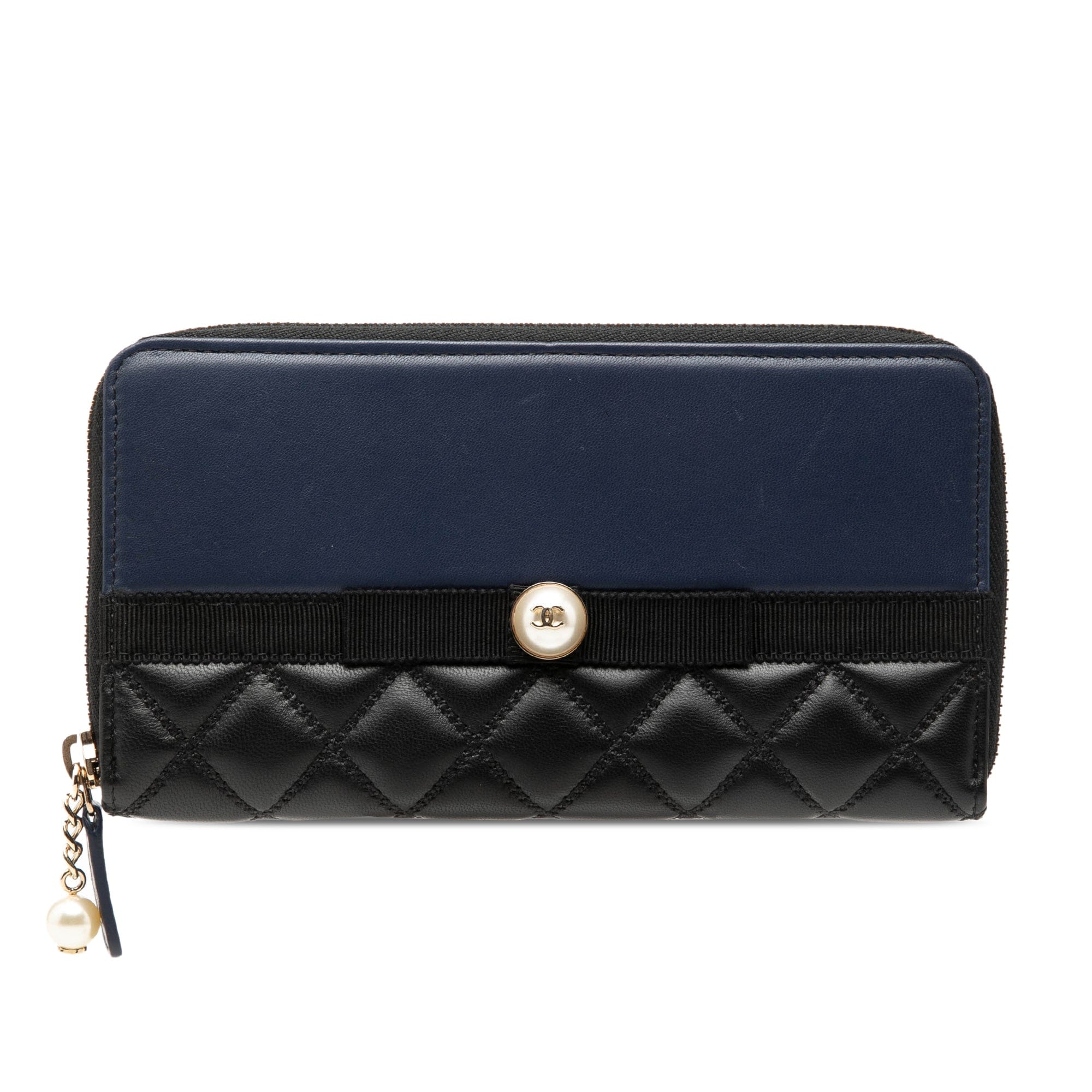 Chanel Bicolor Quilted Lambskin Faux Pearl Ribbon Long Wallet