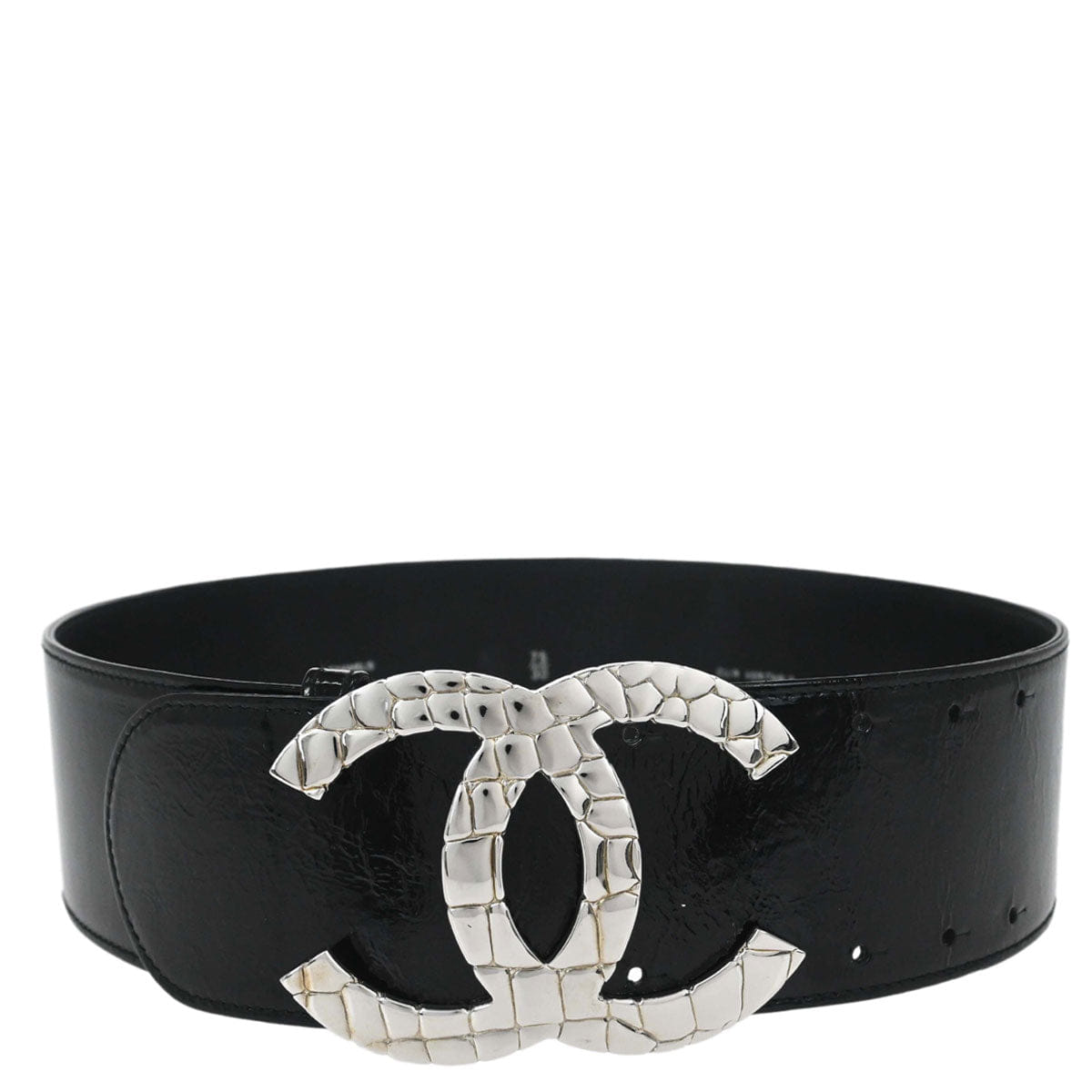 Chanel CC Belt Black Silver Patent Leather #75/30 Small Good