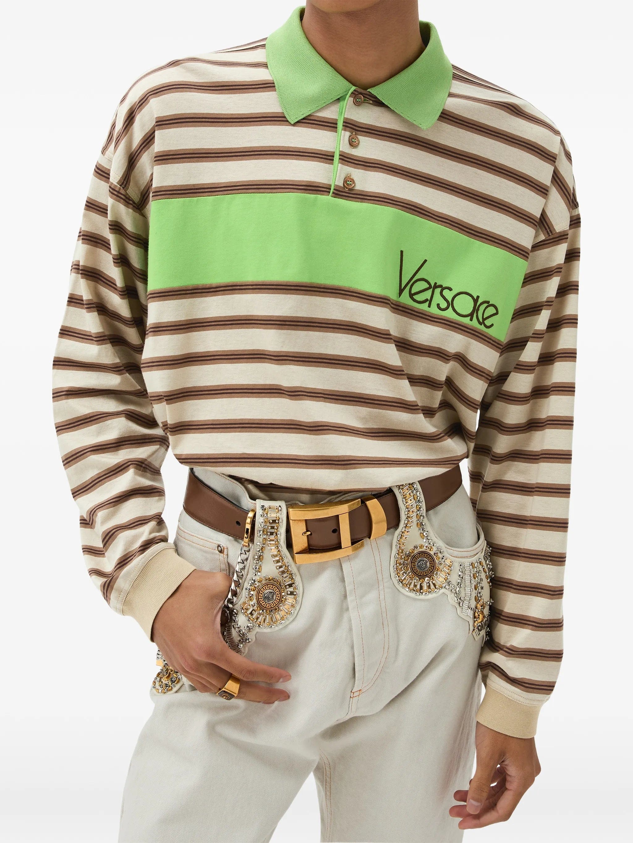 Versace embroidered - logo striped - intarsia cotton polo shirt