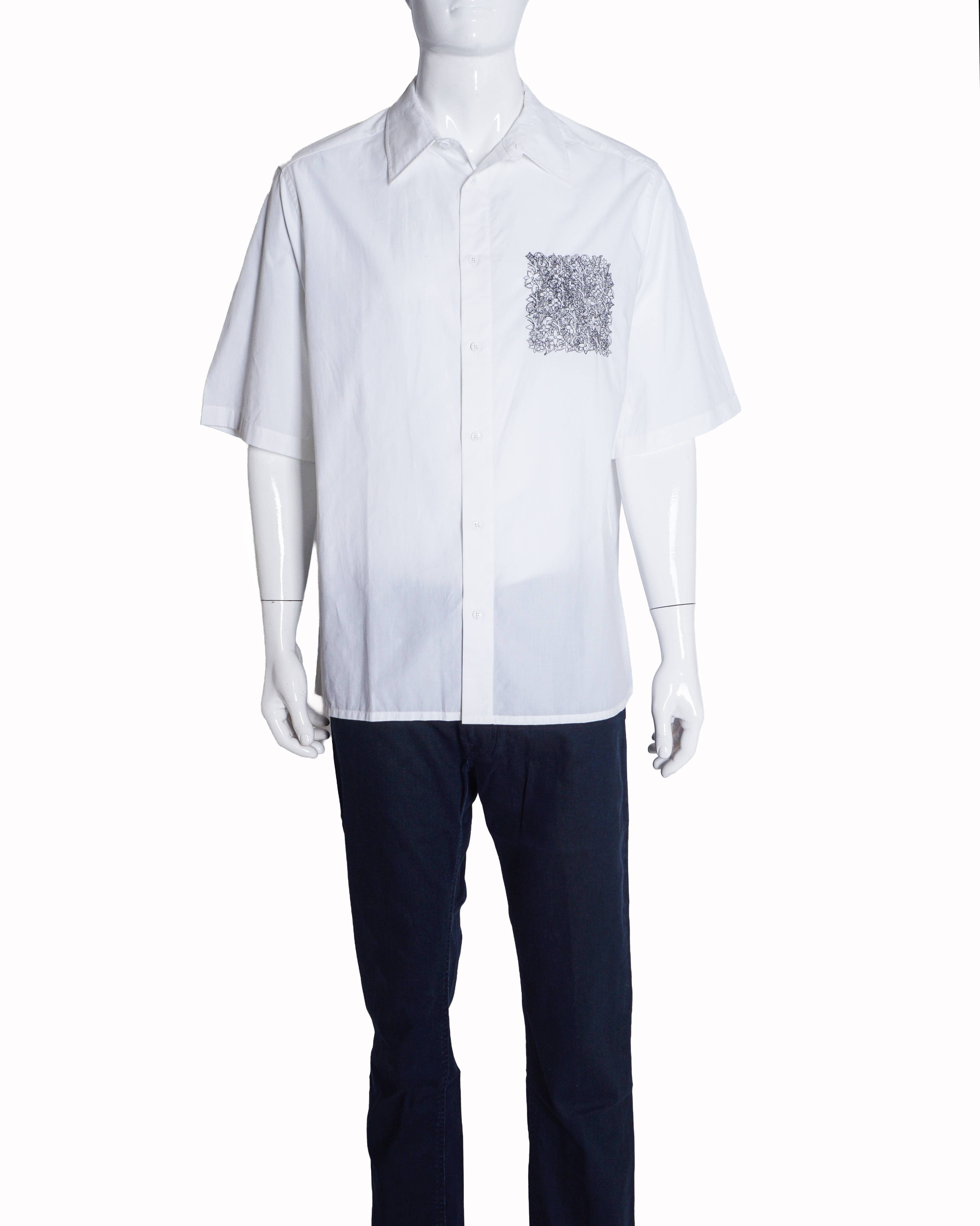 Louis Vuitton Men's White Cotton Placed Monogram Embroidery Shirt