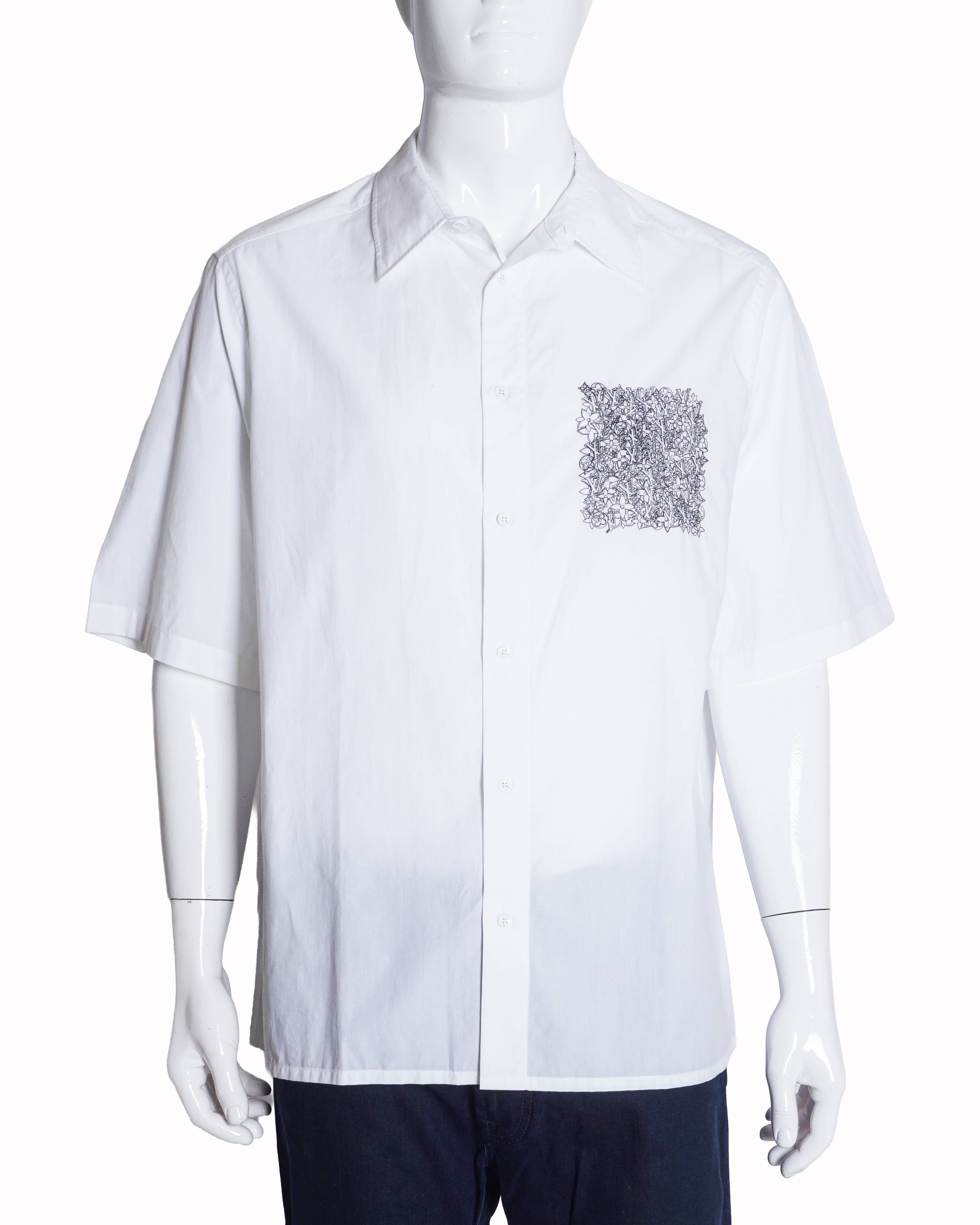 Louis Vuitton Men's White Cotton Placed Monogram Embroidery Shirt